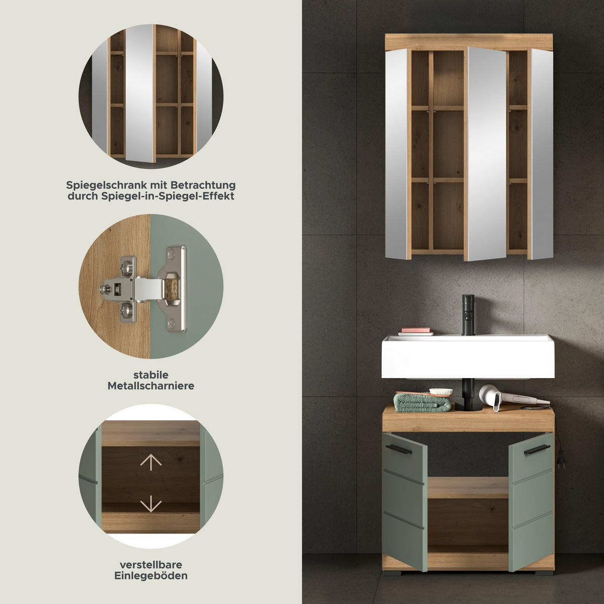 Badezimmer-Set Scout Eiche Artisan Nachbildung salbei Nachbildung B/H/T: ca. 60x191x34 cm Scout - Eiche/salbei (60,00/191,00/34,00cm) - xonox.home