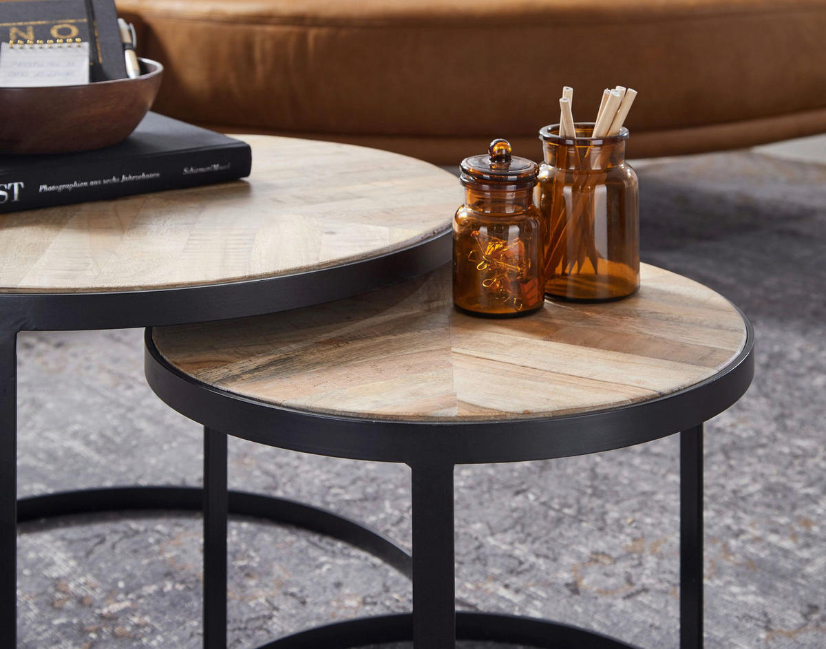 Beistelltisch 2er-Set. natur natur schwarz pulverbeschichtet Akazie MDF Eisen 2er-Set. - natur/schwarz - Wohnling