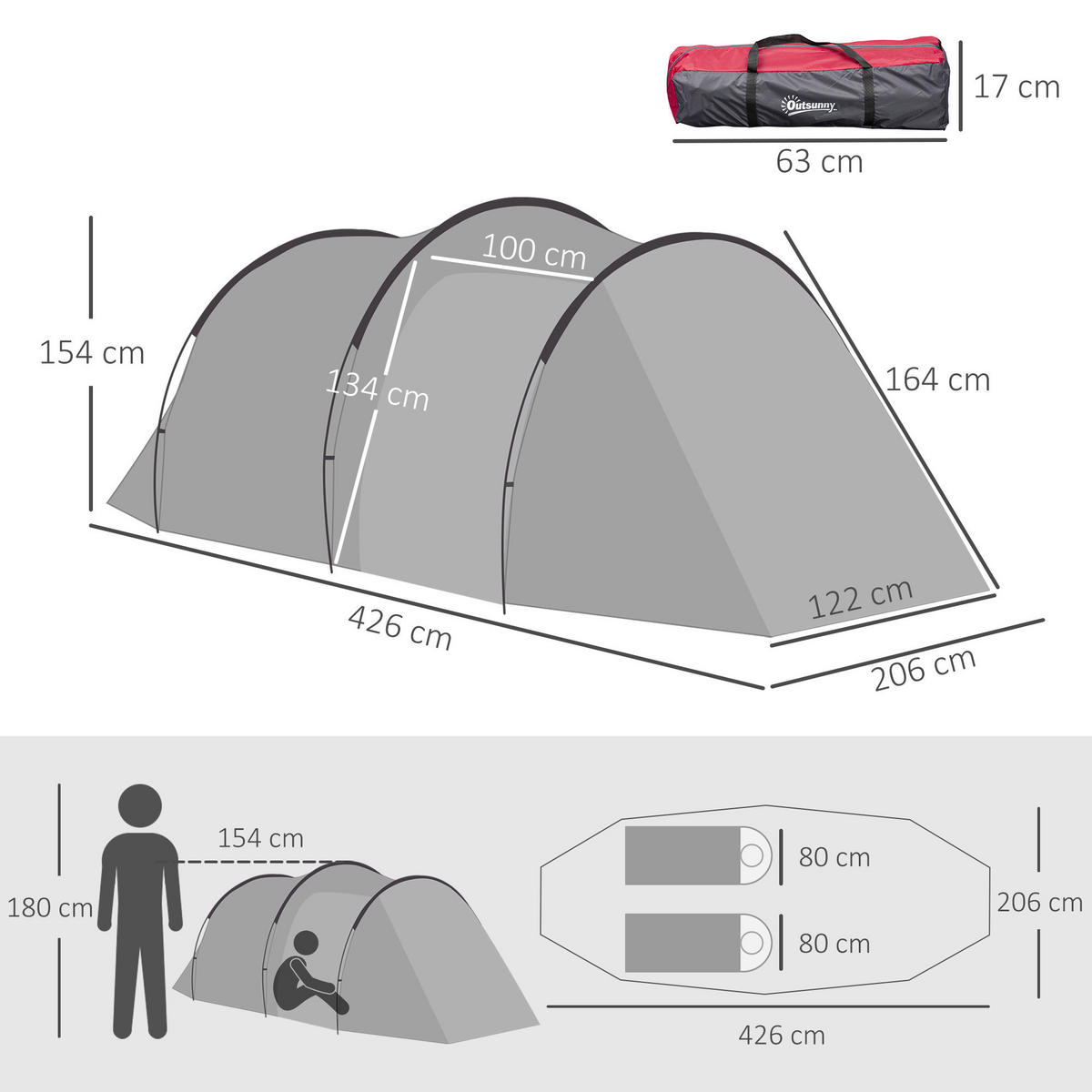 Outsunny Campingartikel B/H/L: ca. 206x426x154 cm Campingzelt - dunkelgrau (154,00/206,00/426,00cm) - Outsunny