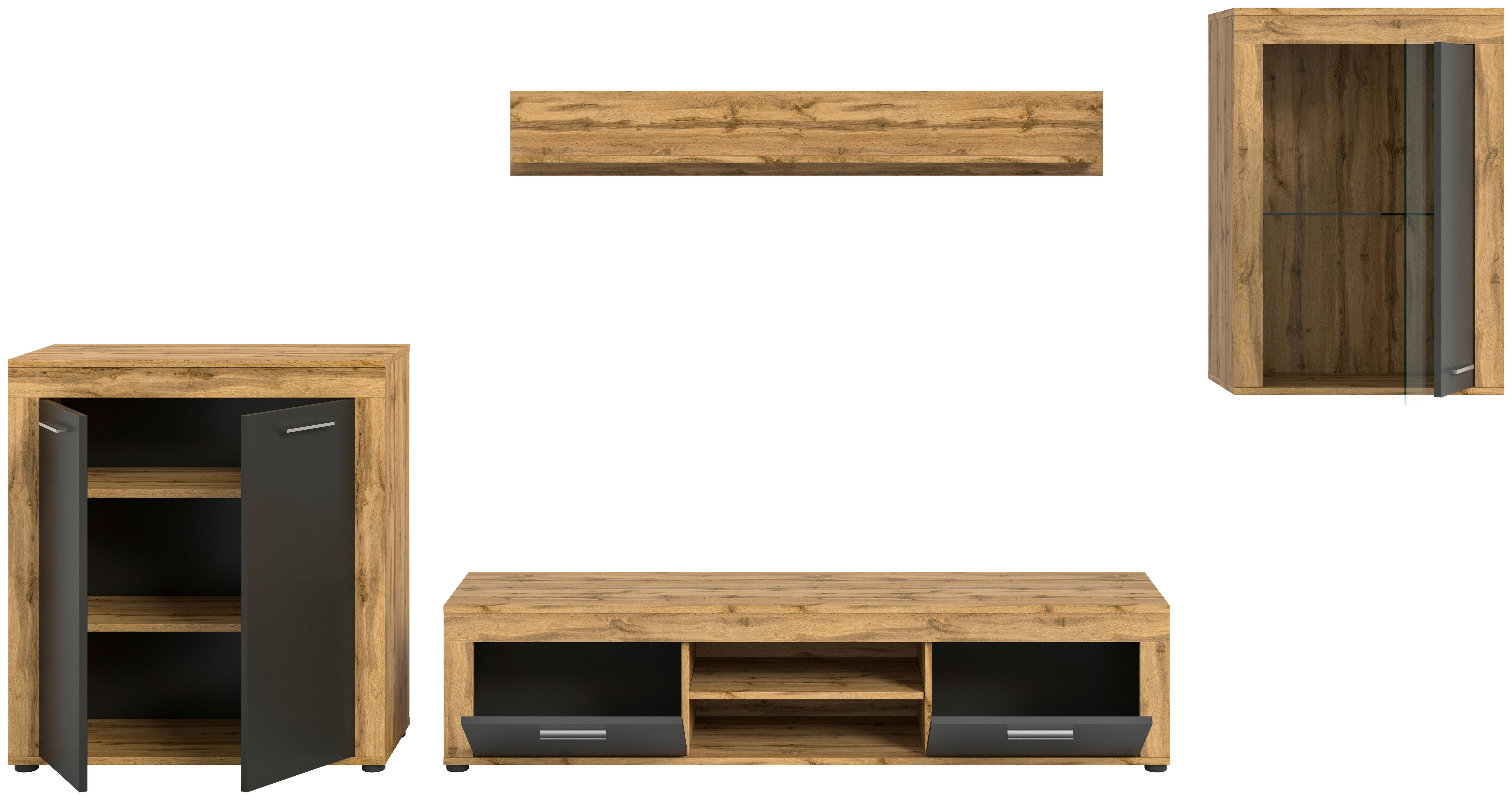 Wohnwand Jam Eiche Wotan Nachbildung grau B/H/T: ca. 330x169x35 cm Jam - Eiche/grau (330,00/169,00/35,00cm) - xonox.home