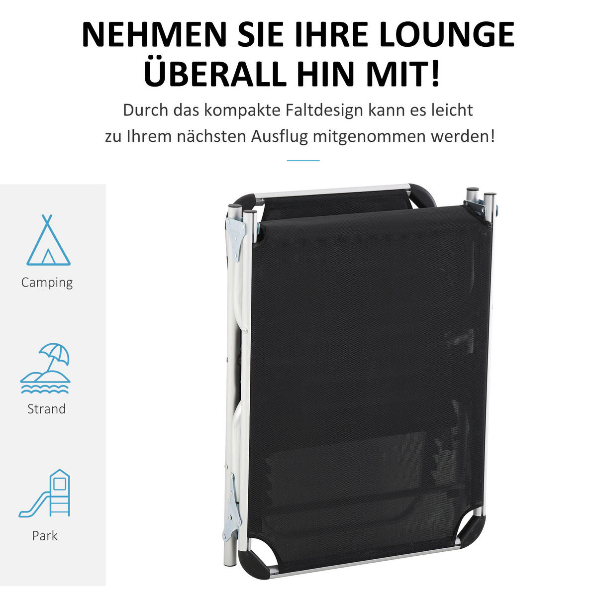 Outsunny Sonnenliege mit Kopfkissen schwarz Aluminium B/H/L: ca. 60x76x170 cm Sonnenliege mit Kopfkissen - schwarz (170,00/60,00/76,00cm) - Outsunny