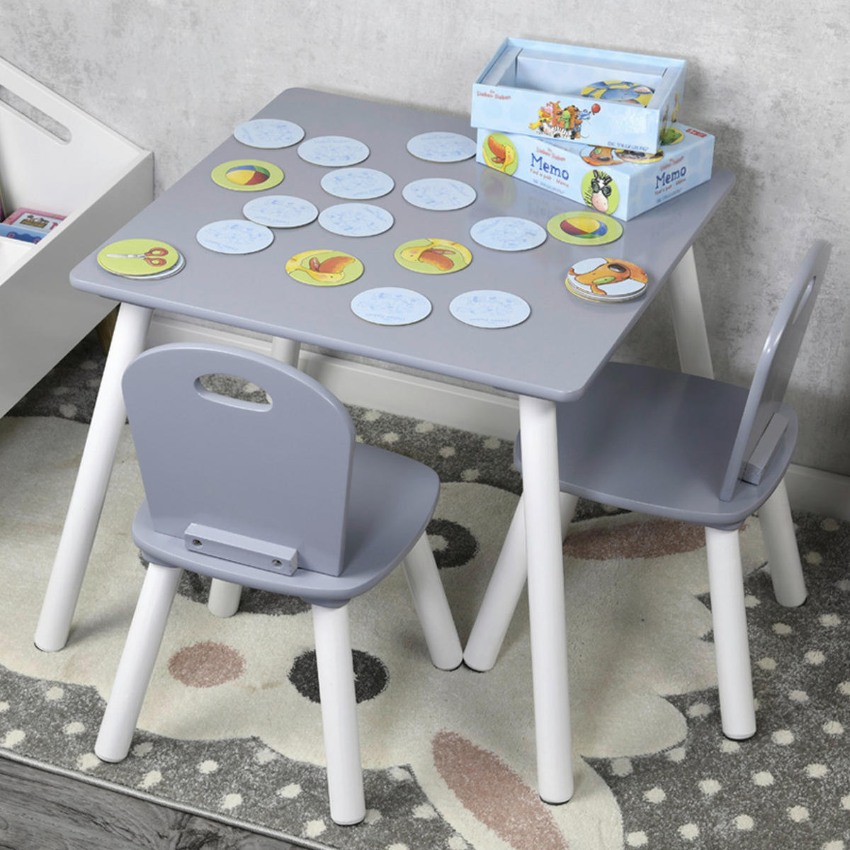 Kesper Kindertisch mit 2 Stühlen grau Spanplatte B/H/L: ca. 55x45x55 cm Kindertisch_mit_2_Stühlen - grau (55,00/55,00/45,00cm) - Kesper