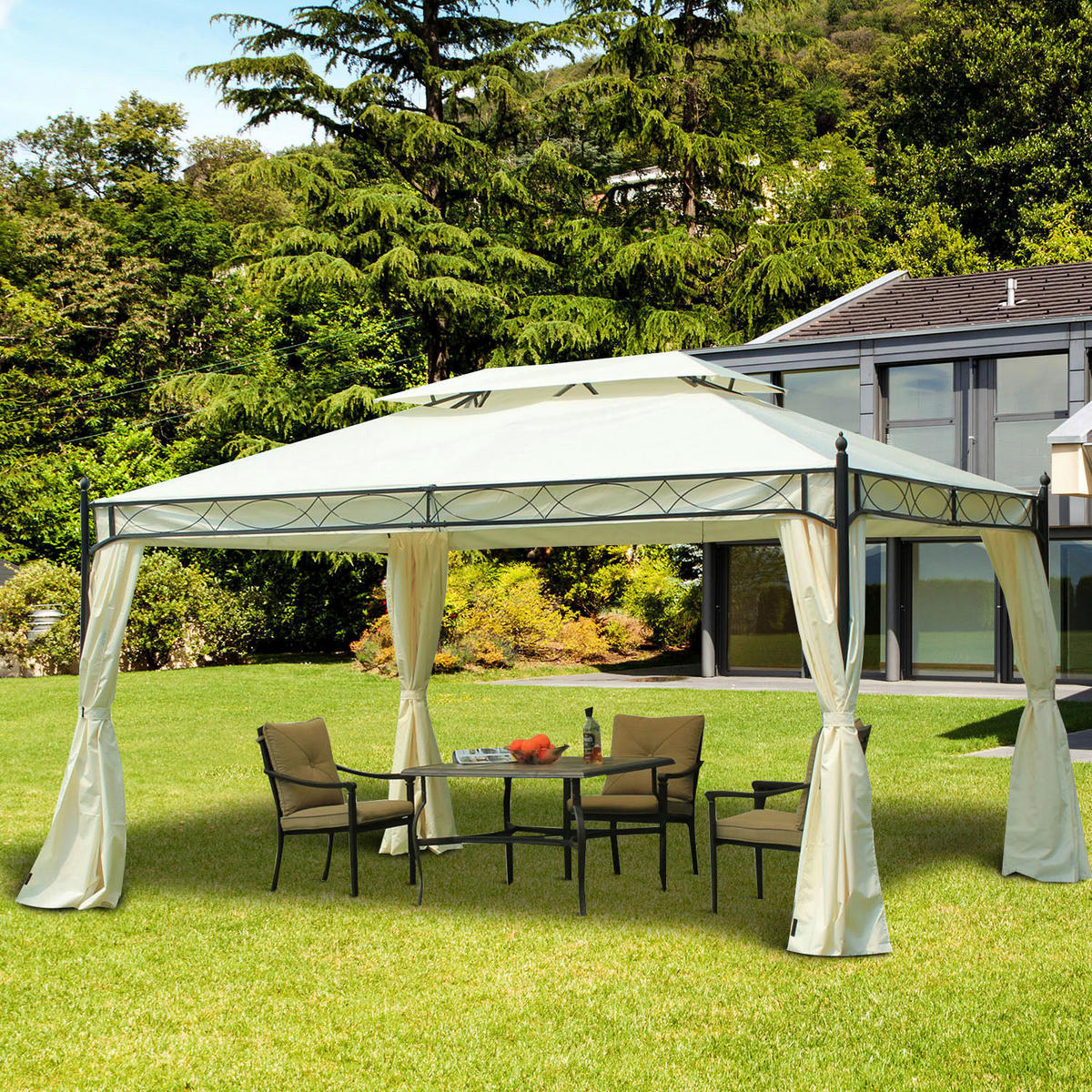 Outsunny Pavillon creme Metall B/H/L: ca. 300x280x400 cm Luxus_Pavillon_mit_Doppeldach - creme/schwarz (400,00/300,00/280,00cm) - Outsunny