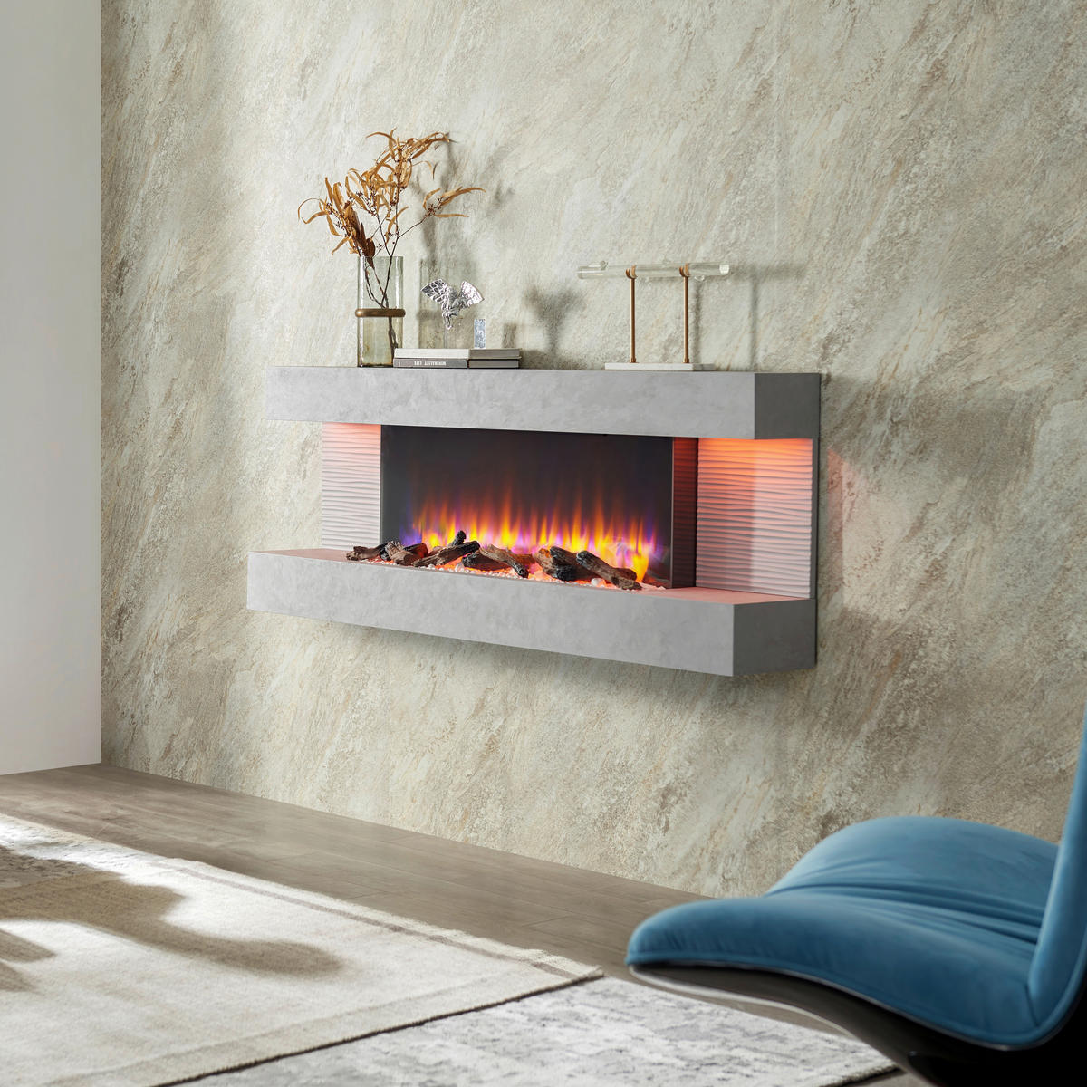Balderia Wandkamin Elektrischer-Kamin Hestia grau MDF B/H/T: ca. 152x59x25 cm Elek.-Kamin Hestia EF197A-MT197E-CG - grau (152,00/59,00/25,00cm) - Balderia