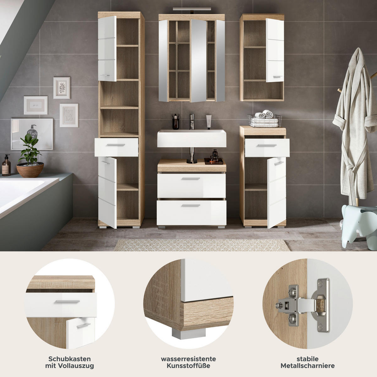 Badezimmer-Set Lambada Eiche Sonoma Nachbildung weiß Hochglanz B/H/T: ca. 164x191x37 cm Lambada - Eiche/weiß (164,00/191,00/37,00cm) - xonox.home