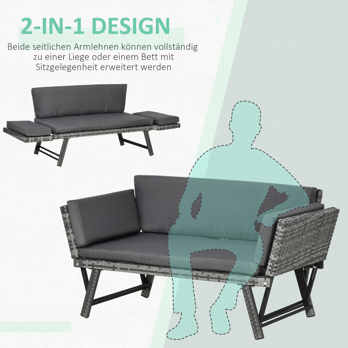 Outsunny Gartensofa grau Polyrattan B/H/L: ca. 63x129x67 cm Rattansofa - grau (67,00/63,00/129,00cm) - Outsunny