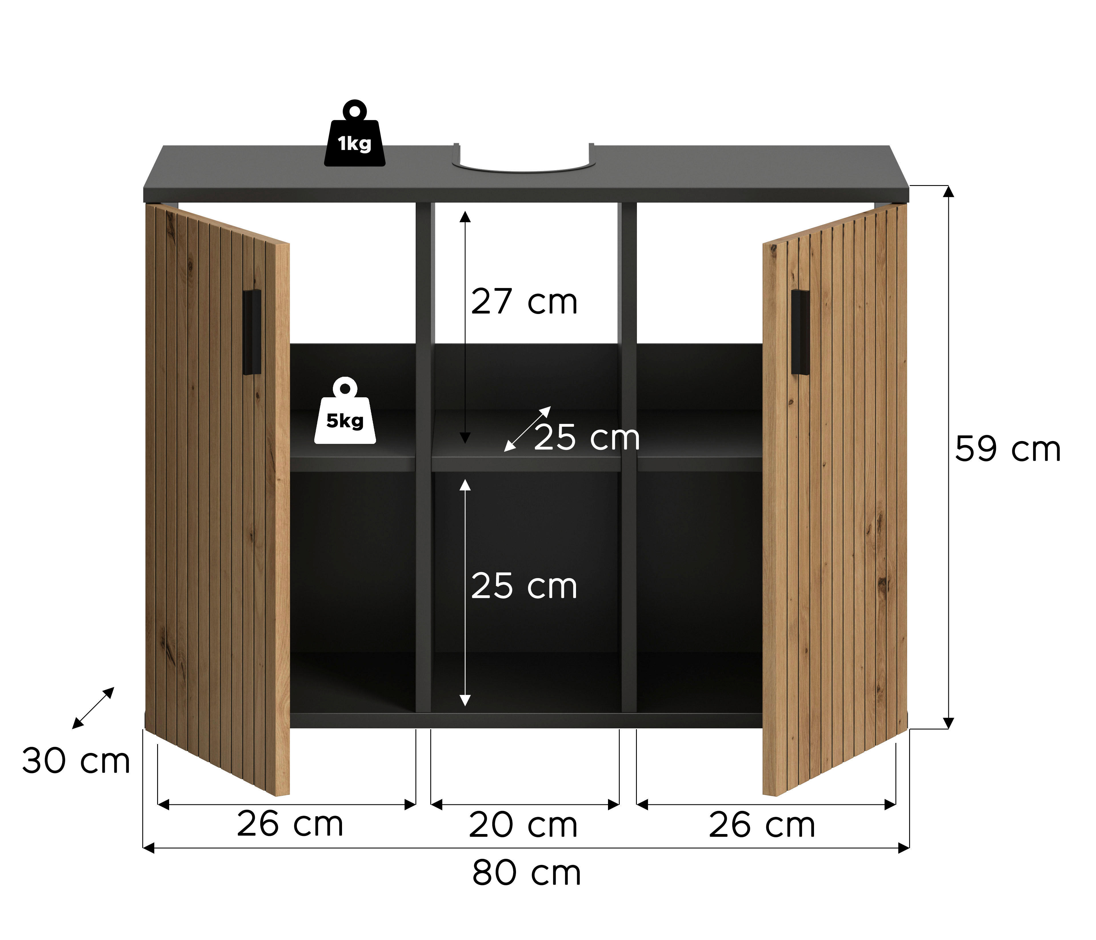 Thumbnail - Waschbeckenunterschrank Mone Basalt Nachbildung Artisan Oak Nachbildung B/H/T: ca. 80x59x30 cm