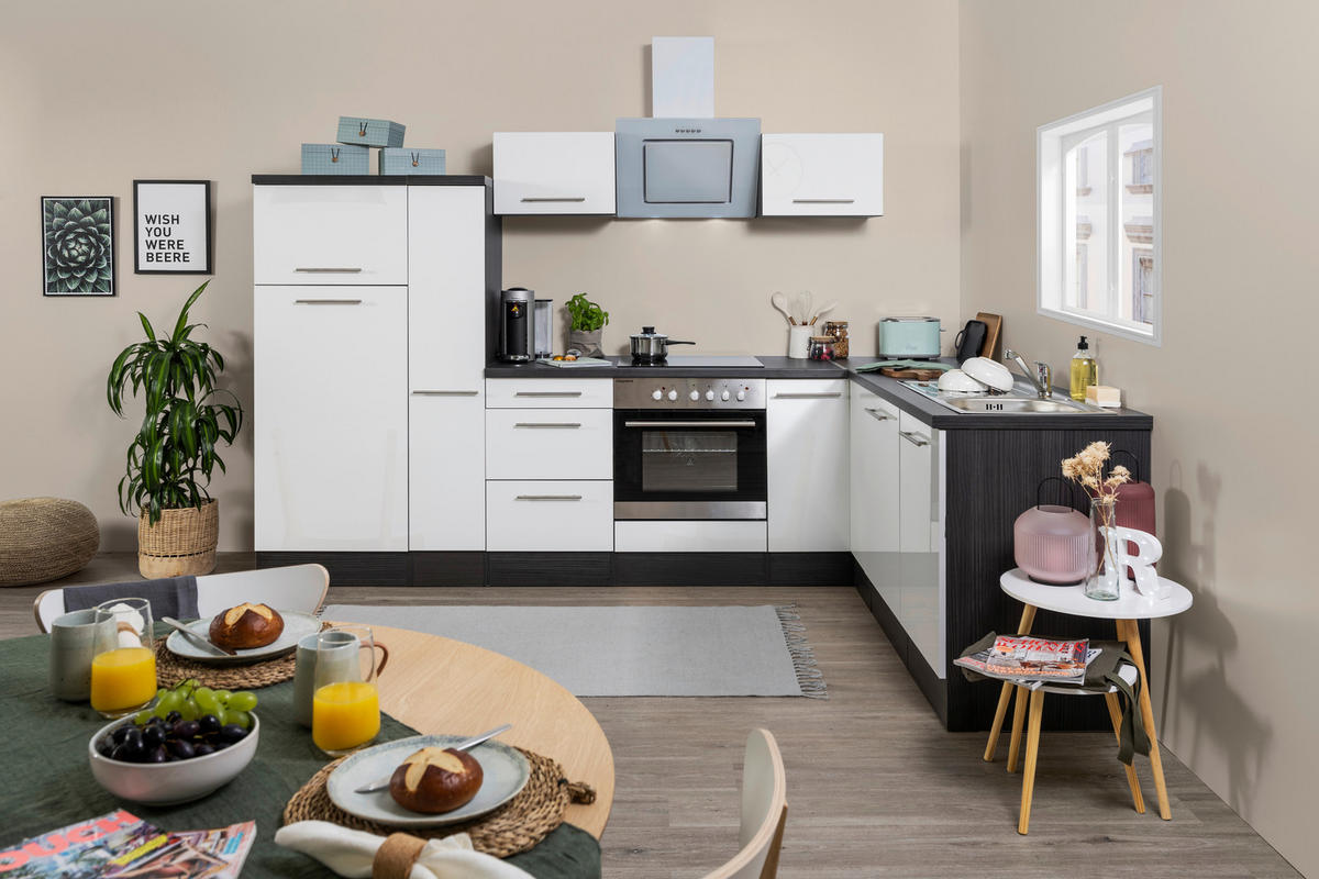 Respekta Winkelküche Amanda weiß Hochglanz B/T/L: ca. 290x60x200 cm Amanda - weiß/Edelstahloptik (290,00/200,00cm) - Respekta