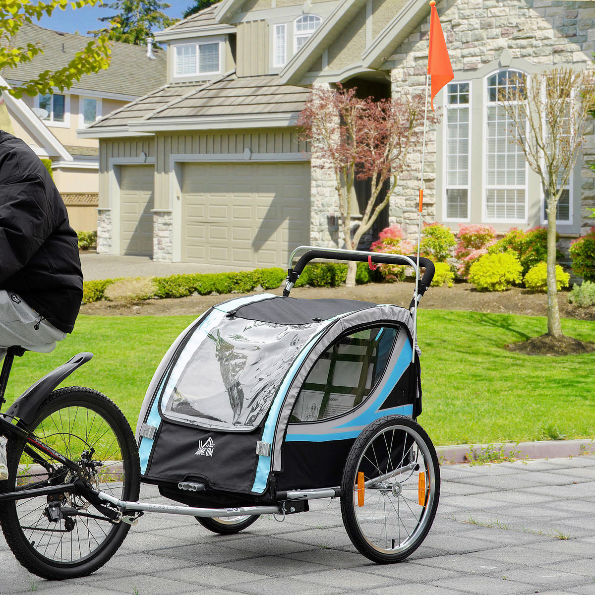 HOMCOM Fahrrad-Zubehör blau blau B/H/L: ca. 75x142x101 cm Kinderfahrradanhänger - blau/schwarz (101,00/75,00/142,00cm) - HOMCOM