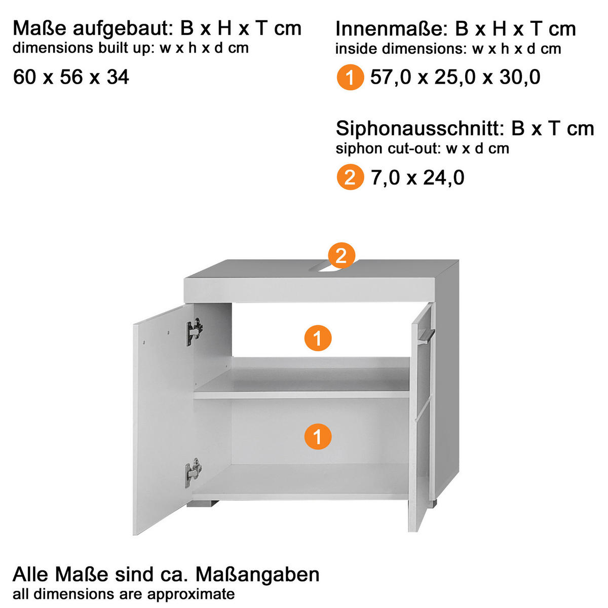 Waschbeckenunterschrank Amanda weiß Hochglanz Asteiche Nachbildung B/H/T: ca. 60x56x34 cm Amanda - weiß (60,00/56,00/34,00cm) - Trendteam
