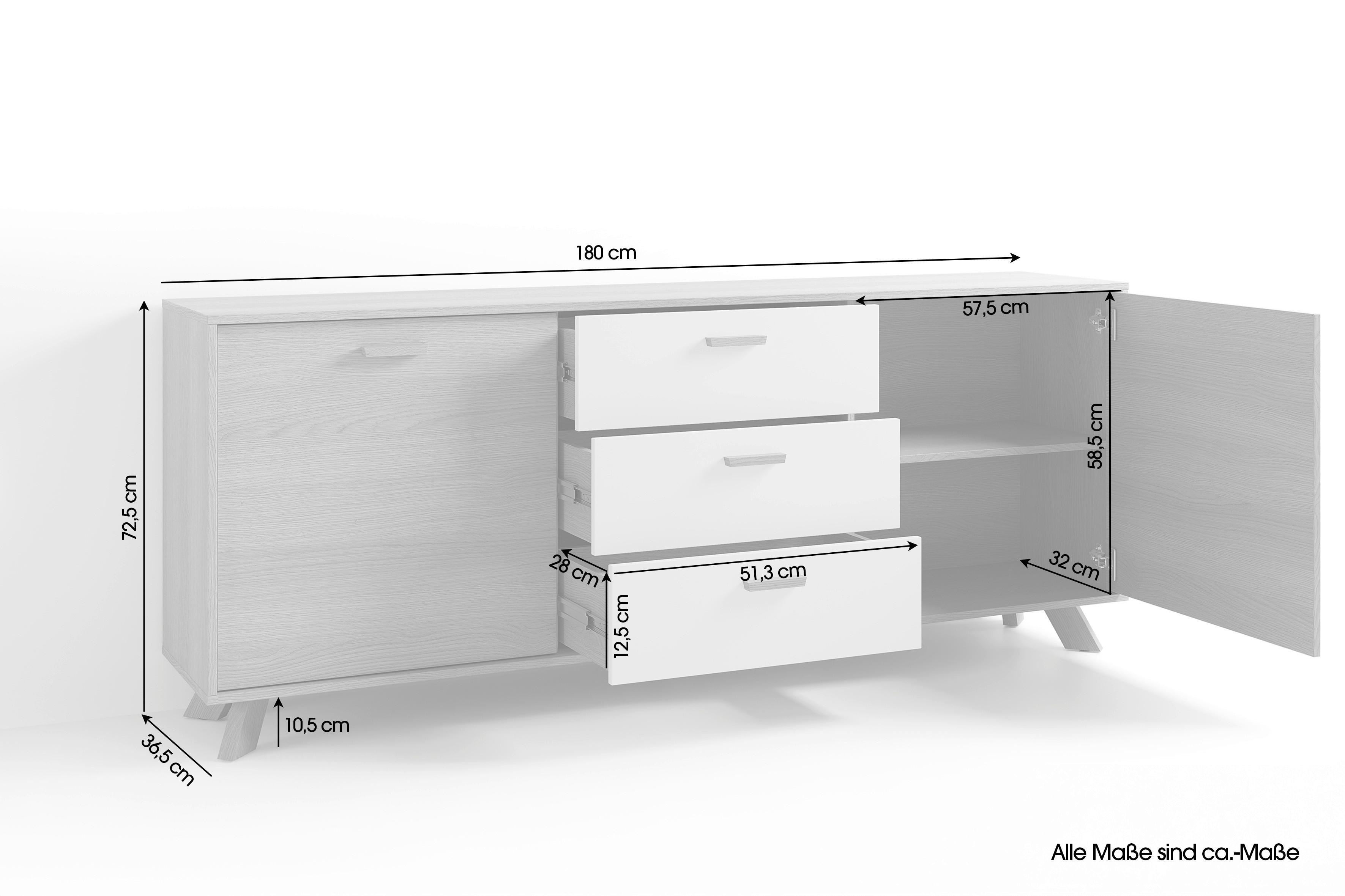Sideboard BASTIAN Eiche weiß B/H/T: ca. 180x72,5x36,5 cm BASTIAN - Eiche/weiß (180,00/72,50/36,50cm) - byLIVING