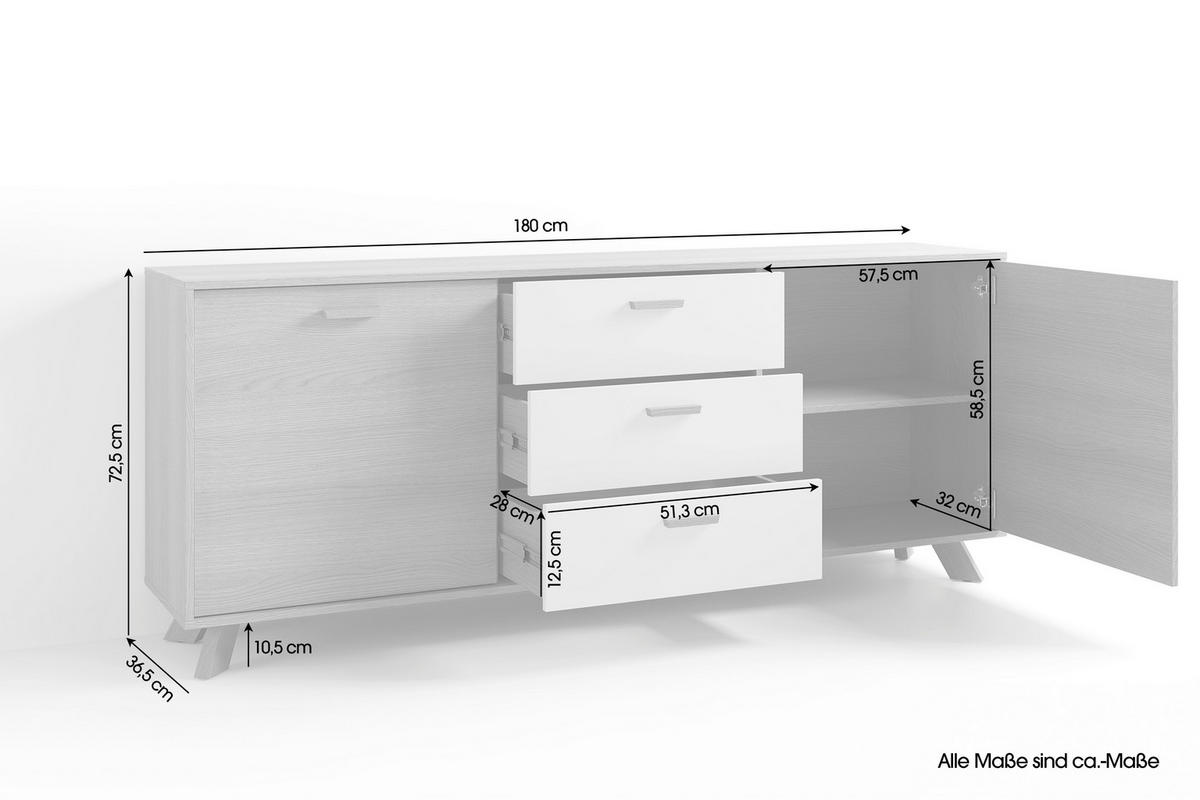 Sideboard BASTIAN Eiche weiß B/H/T: ca. 180x72,5x36,5 cm BASTIAN - Eiche/weiß (180,00/72,50/36,50cm) - byLIVING