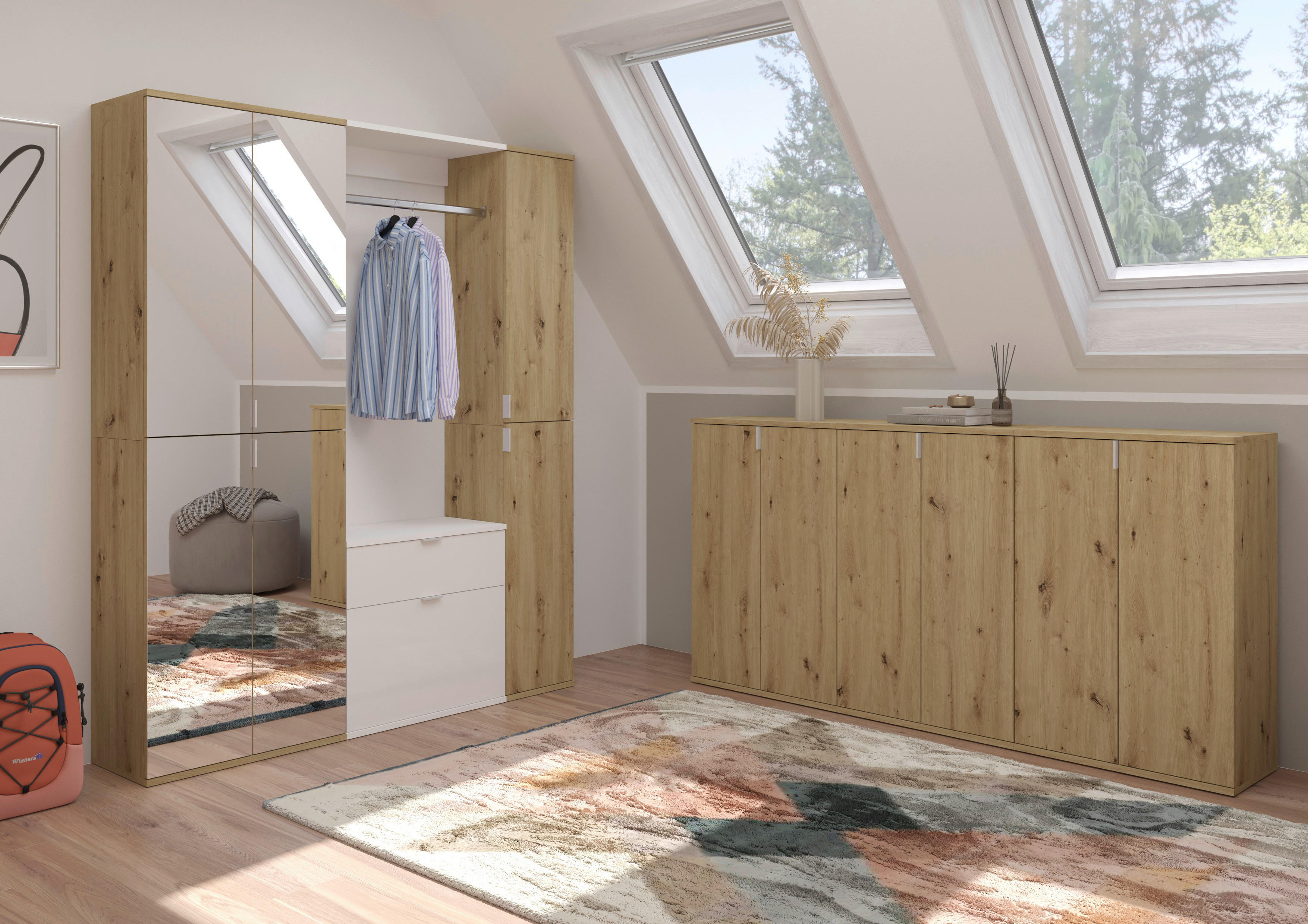 Garderobe PROJEKT Eiche Artisan Nachbildung weiß Hochglanz Spiegel B/H/T: ca. 152x193x34 cm PROJEKT - Eiche/weiß (152,00/193,00/34,00cm) - xonox.home