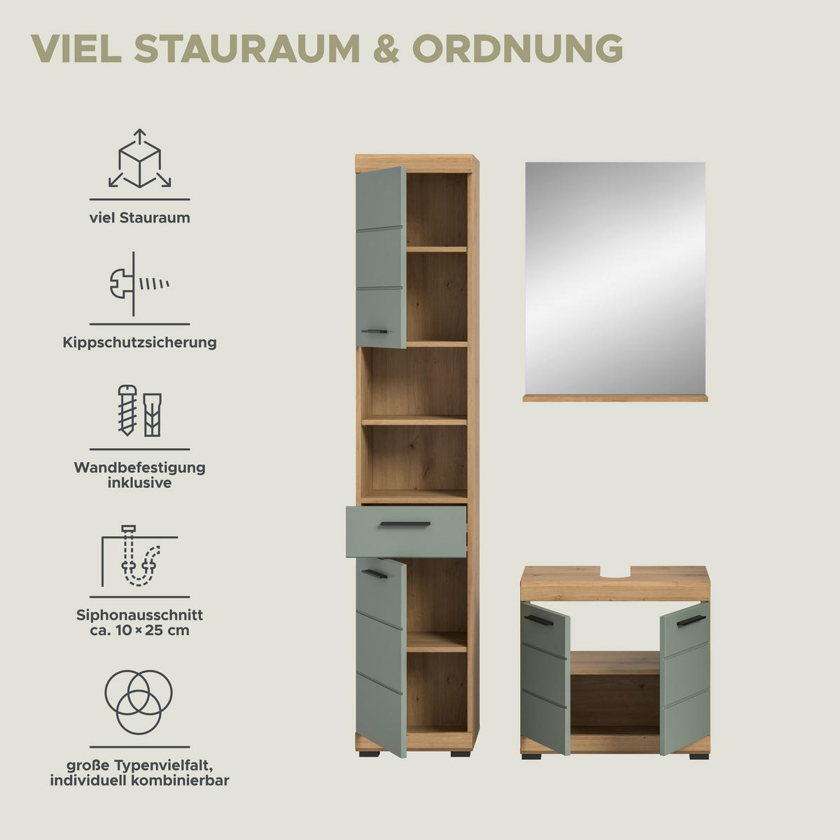 Badezimmer-Set Scout Eiche Artisan Nachbildung salbei Nachbildung B/H/T: ca. 112x191x34 cm Scout - Eiche/salbei (112,00/191,00/34,00cm) - xonox.home