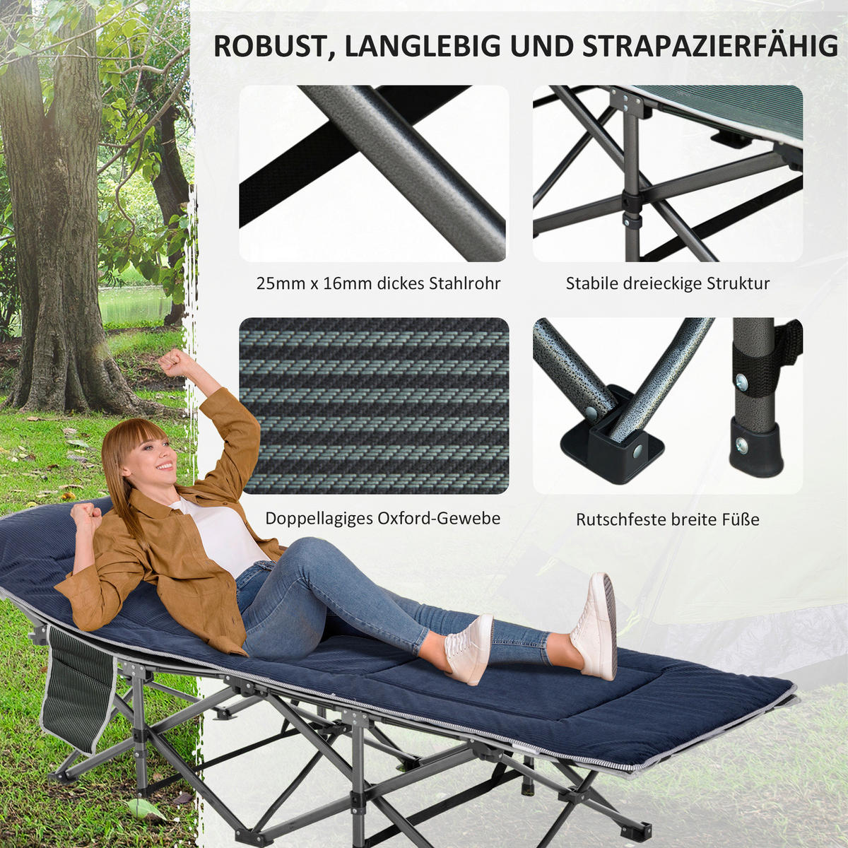 Outsunny Campingbett B/H/L: ca. 64,5x53x188 cm Campingbett - dunkelblau/grau (188,00/64,50/53,00cm) - Outsunny