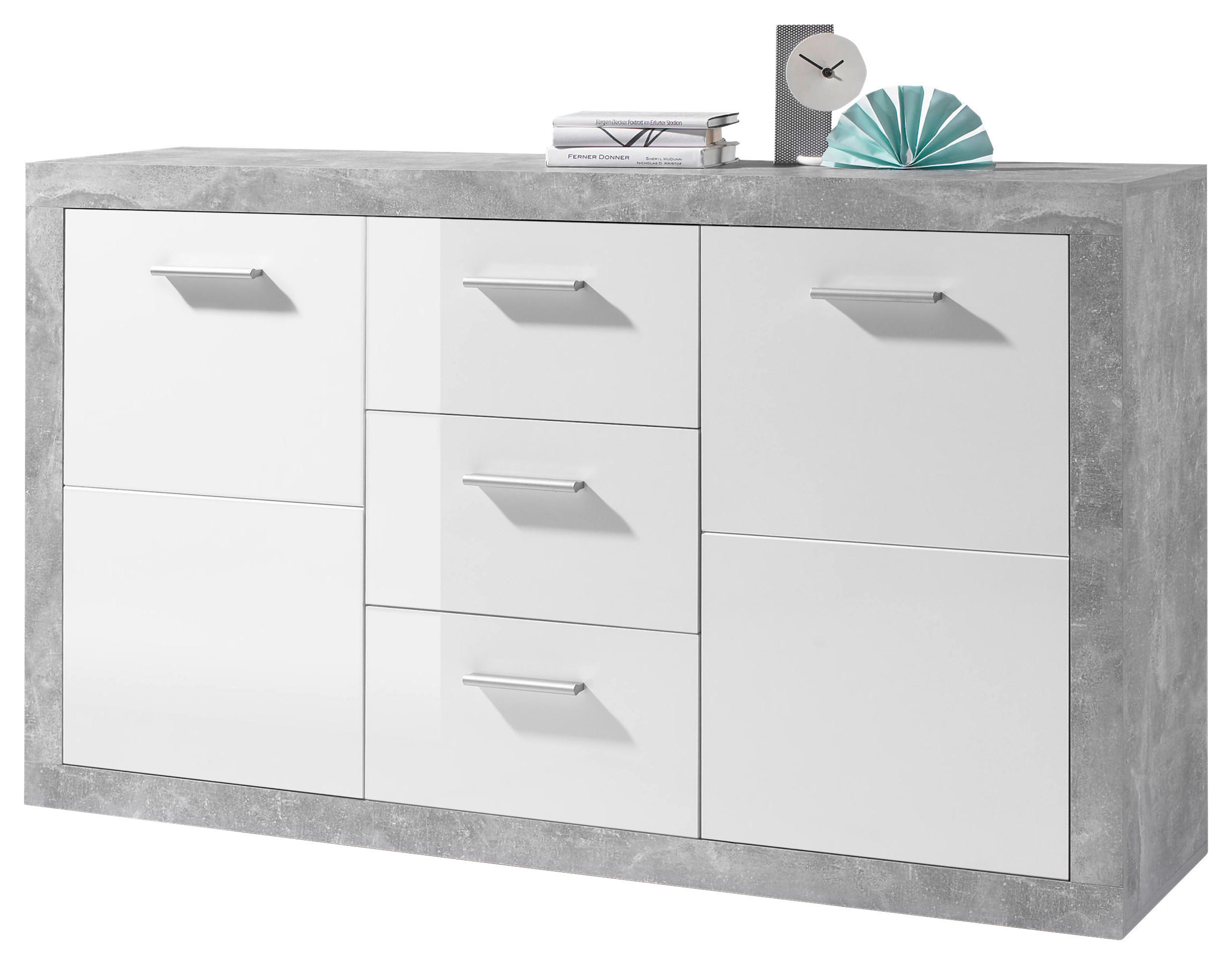 Sideboard Stone Beton Optik weiß glänzend B/H/T: ca. 147x89x37 cm Stone - Beton/weiß (147,00/89,00/37,00cm)