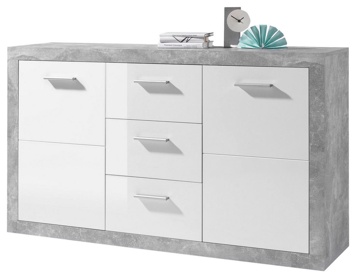 Sideboard Stone Beton Optik weiß glänzend B/H/T: ca. 147x89x37 cm Stone - Beton/weiß (147,00/89,00/37,00cm)