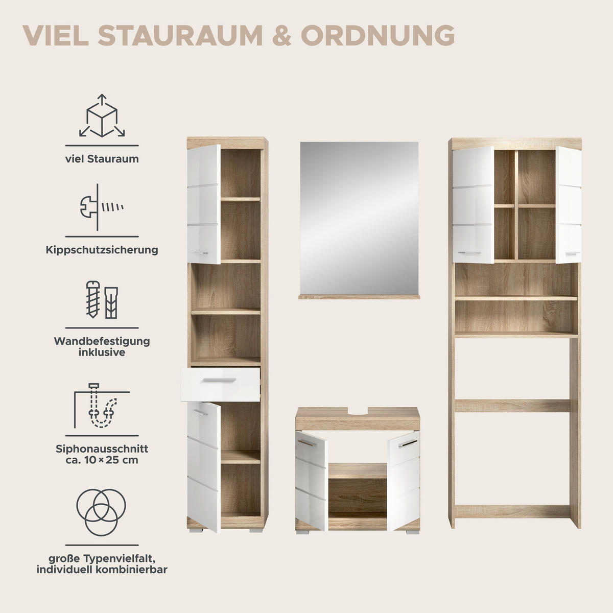 Badezimmer-Set Lambada Eiche Sonoma Nachbildung weiß Hochglanz B/H/T: ca. 190x191x34 cm Lambada - Eiche/weiß (190,00/191,00/34,00cm) - xonox.home