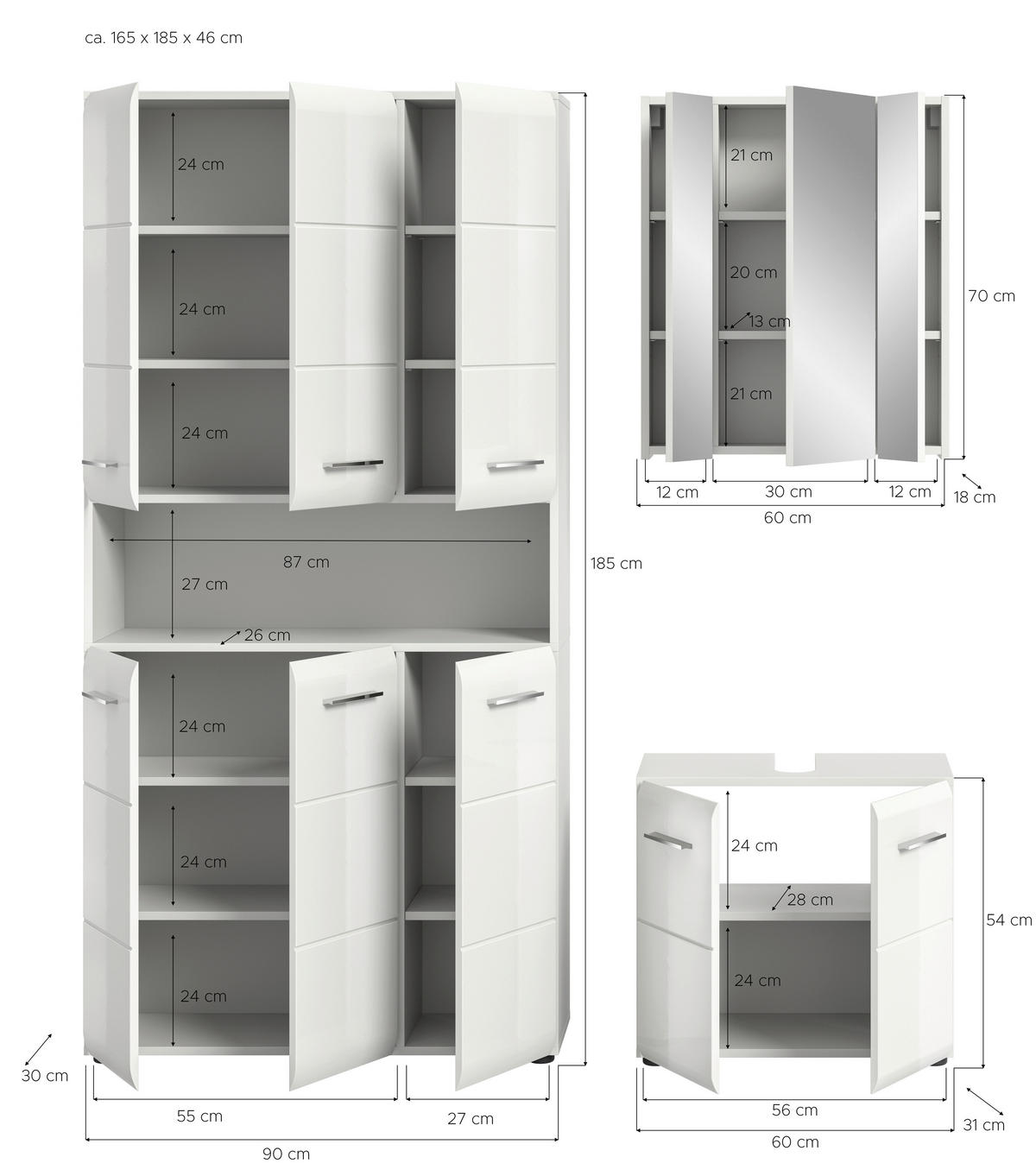 Badezimmer-Set Ice weiß weiß Hochglanz B/H/T: ca. 165x185x30 cm Ice - weiß (165,00/185,00/30,00cm) - xonox.home