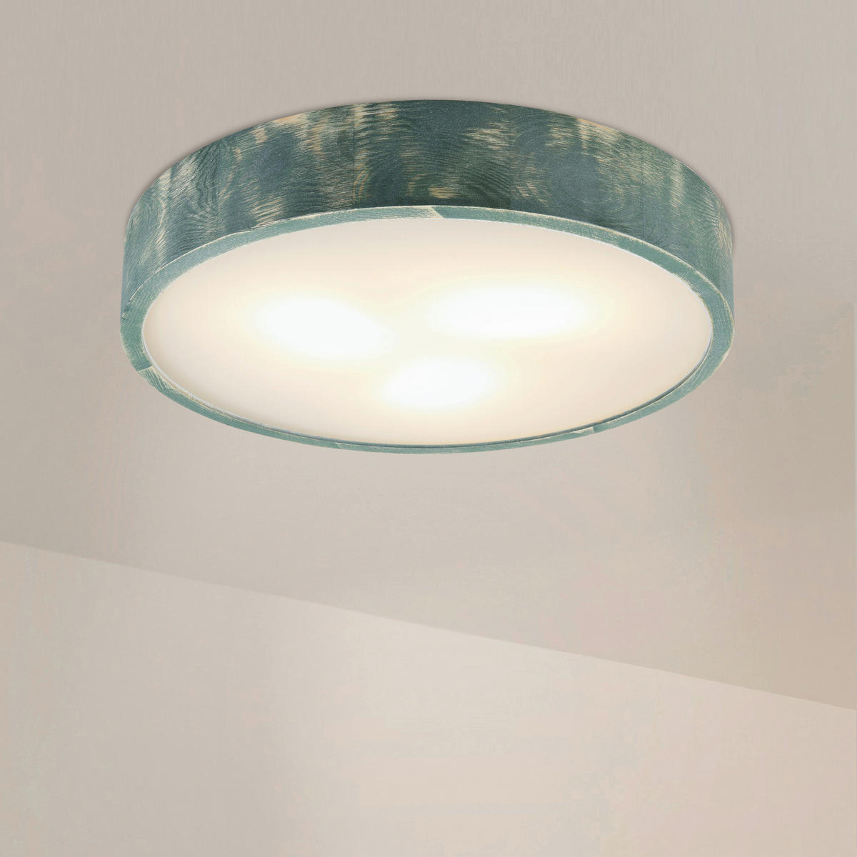 Lamkur Deckenleuchte hellbraun grün Glas Holz B/H/L: ca. 48x48x10 cm 3 Brennstellen Eveline - hellbraun/grün (10,00/48,00/48,00cm) - Lamkur