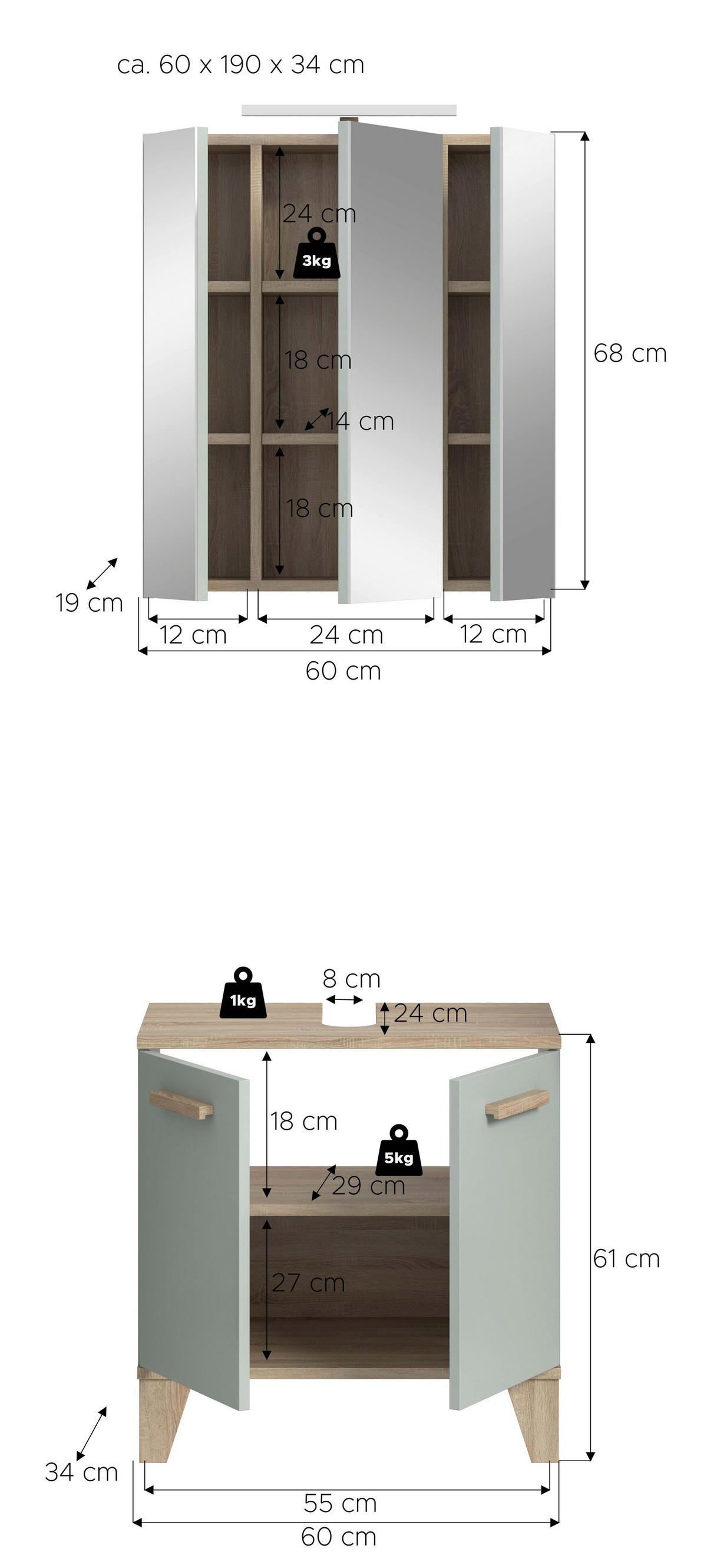 Badezimmer-Set STAR hellgrün Eiche hell Nachbildung B/H/T: ca. 60x190x34 cm STAR - hellgrün (60,00/190,00/34,00cm) - xonox.home