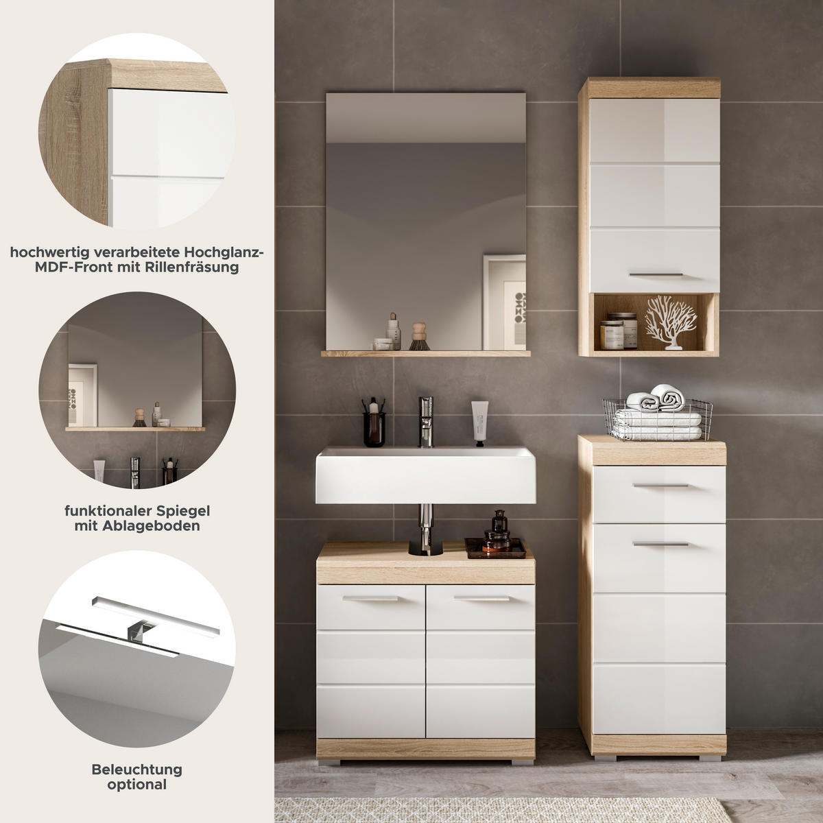 Badezimmer-Set Lambada Eiche Sonoma Nachbildung weiß Hochglanz B/H/T: ca. 112x191x34 cm Lambada - Eiche/weiß (112,00/191,00/34,00cm) - xonox.home