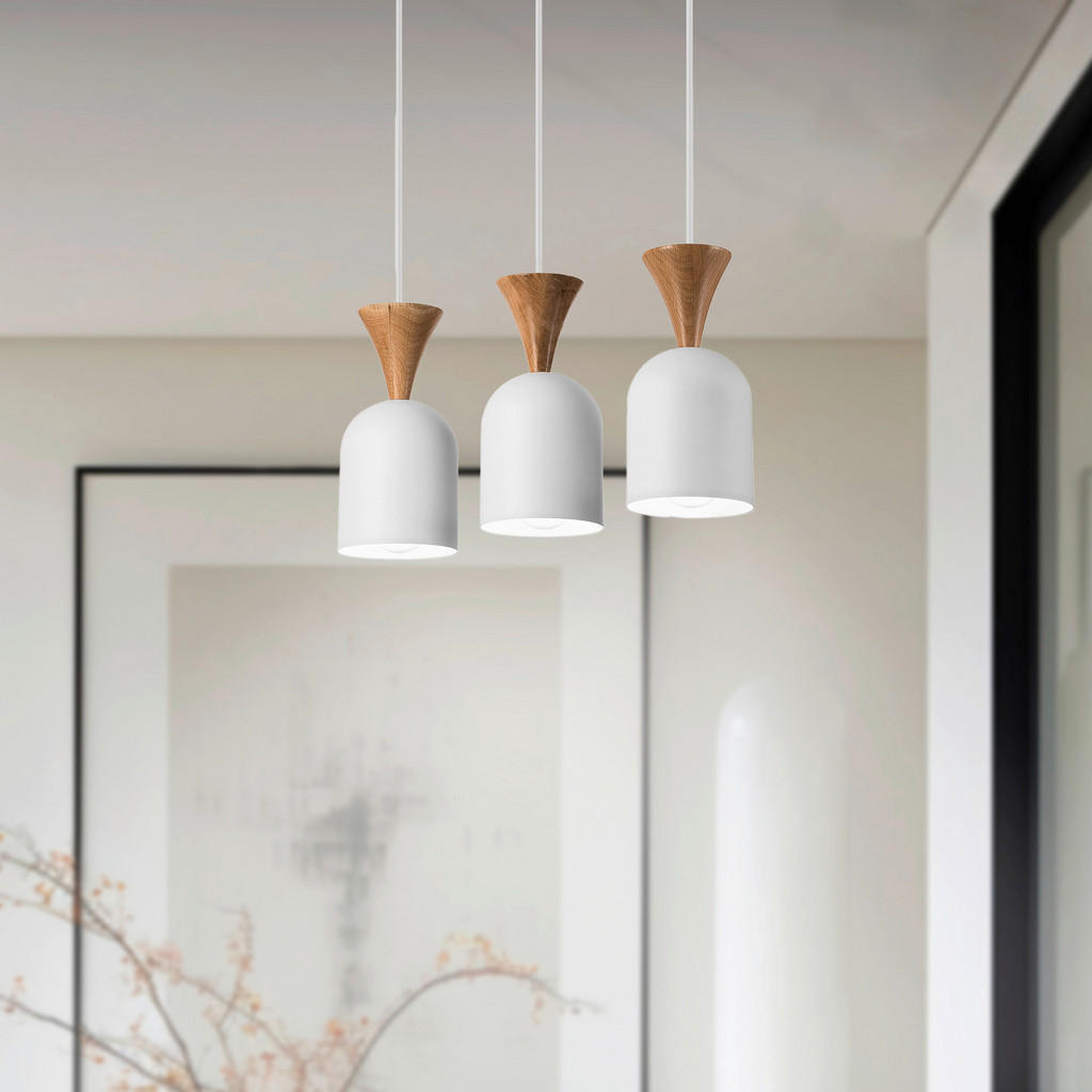 Thumbnail - Lamkur Hängeleuchte weiß Eiche Stahl Holz B/H/L: ca. 15,5x92x45 cm E27 3 Brennstellen