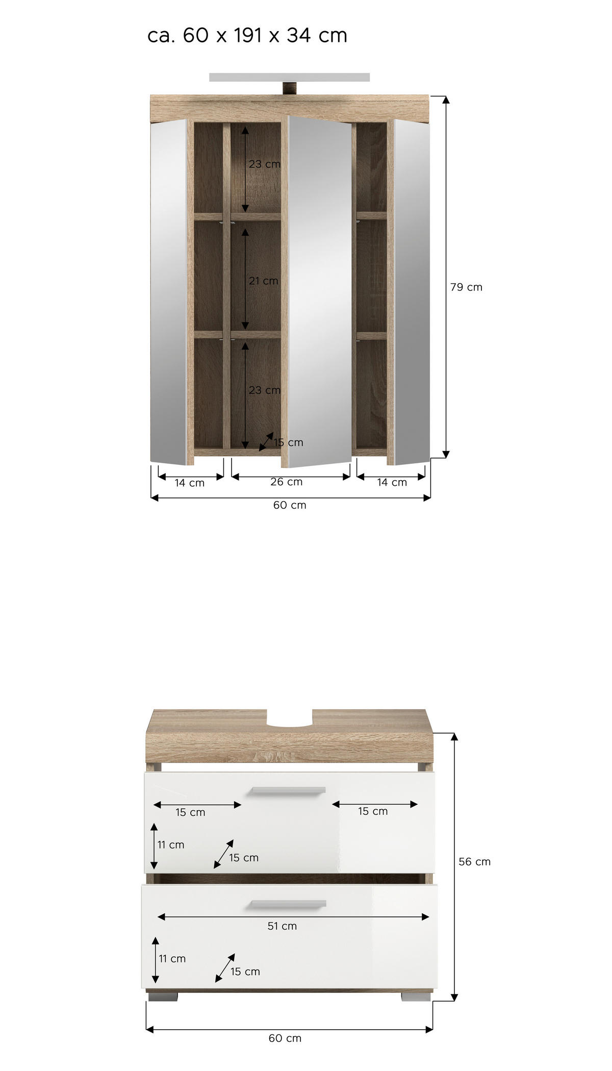 Badezimmer-Set Lambada Eiche Sonoma Nachbildung weiß Hochglanz B/H/T: ca. 60x191x37 cm Lambada - Eiche/weiß (60,00/191,00/37,00cm) - xonox.home