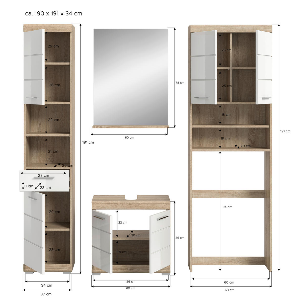 Badezimmer-Set Lambada Eiche Sonoma Nachbildung weiß Hochglanz B/H/T: ca. 190x191x34 cm Lambada - Eiche/weiß (190,00/191,00/34,00cm) - xonox.home