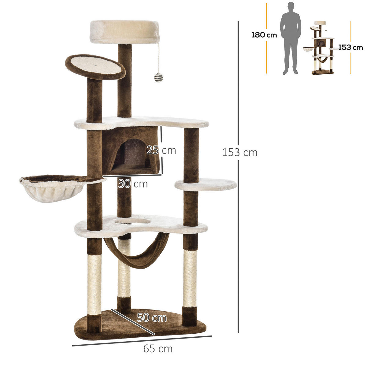 PawHut Katzenbaum braun Sisal B/H/L: ca. 50x153x65 cm Katzenbaum - braun/cremeweiß (65,00/50,00/153,00cm) - PawHut