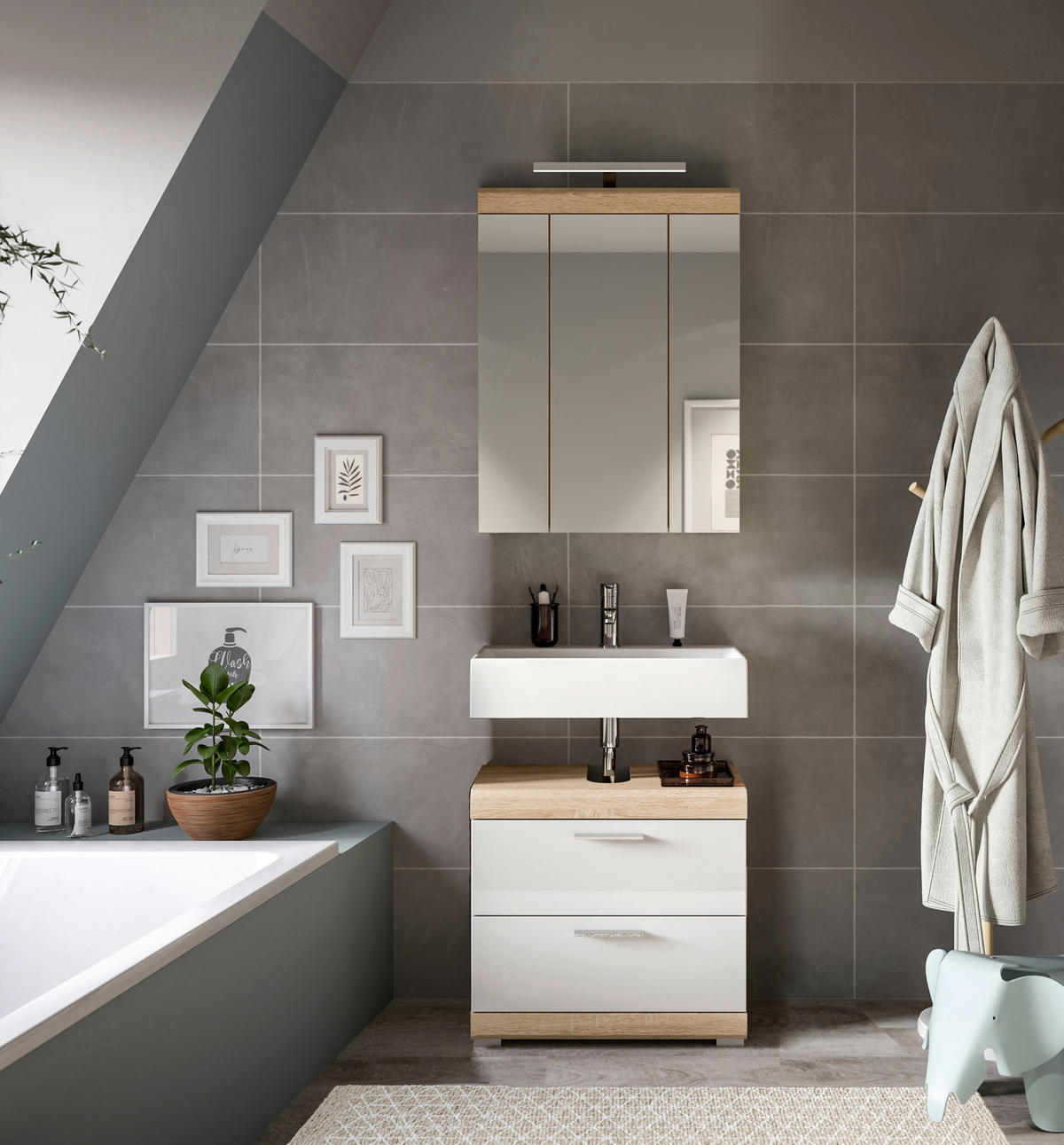 Badezimmer-Set Lambada Eiche Sonoma Nachbildung weiß Hochglanz B/H/T: ca. 60x191x37 cm Lambada - Eiche/weiß (60,00/191,00/37,00cm) - xonox.home