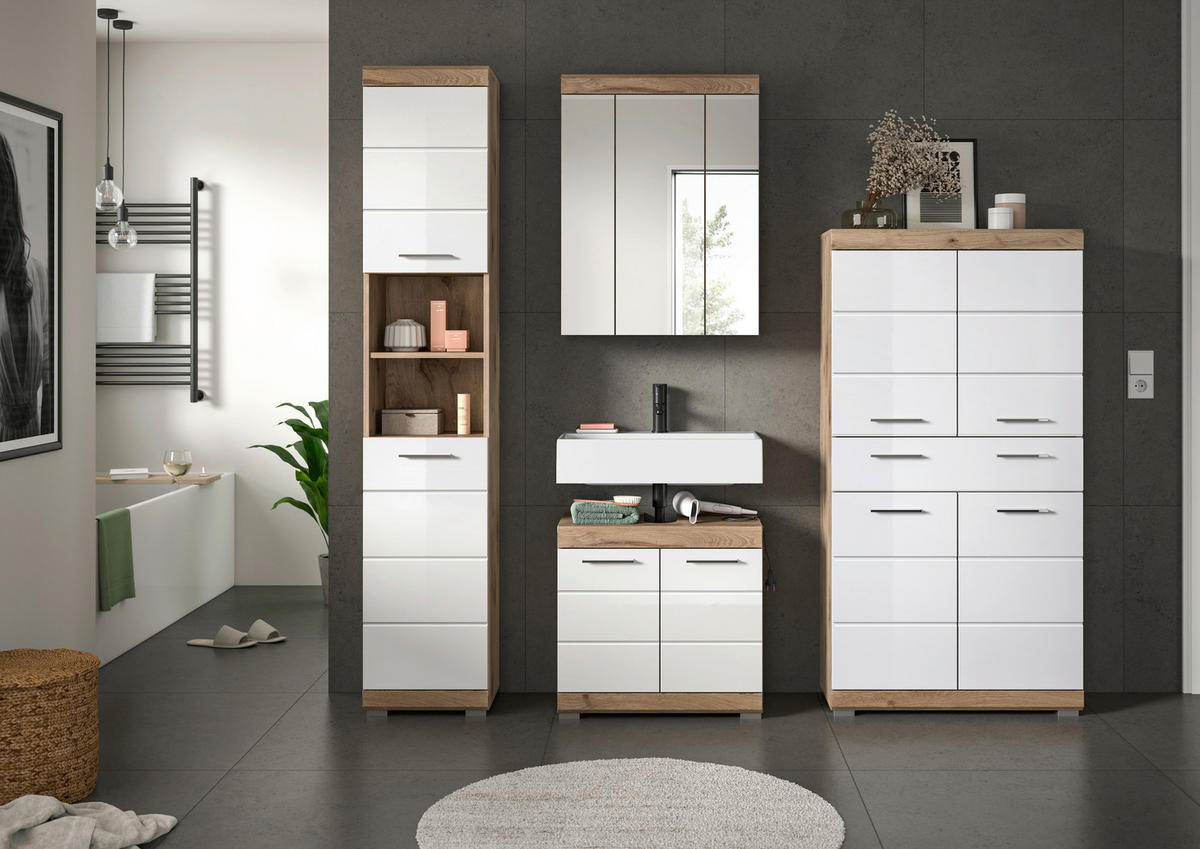 Badezimmer-Set Wave weiß Hochglanz Nox Oak Nachbildung B/H/T: ca. 204x191x34 cm Wave - weiß (204,00/191,00/34,00cm) - xonox.home