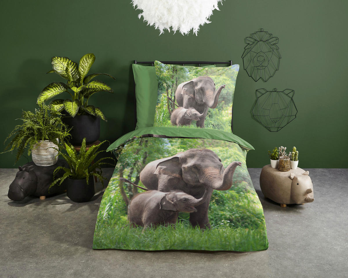 Bettwäsche Elephants grün Baumwolle B/L: ca. 135x200 cm Elephants - grün (135,00/200,00cm) - Good Morning