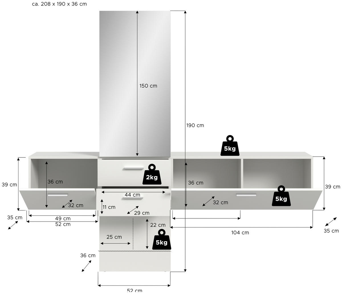 Garderobe VAGA weiß B/H/T: ca. 208x190x36 cm VAGA - weiß (208,00/190,00/36,00cm) - xonox.home