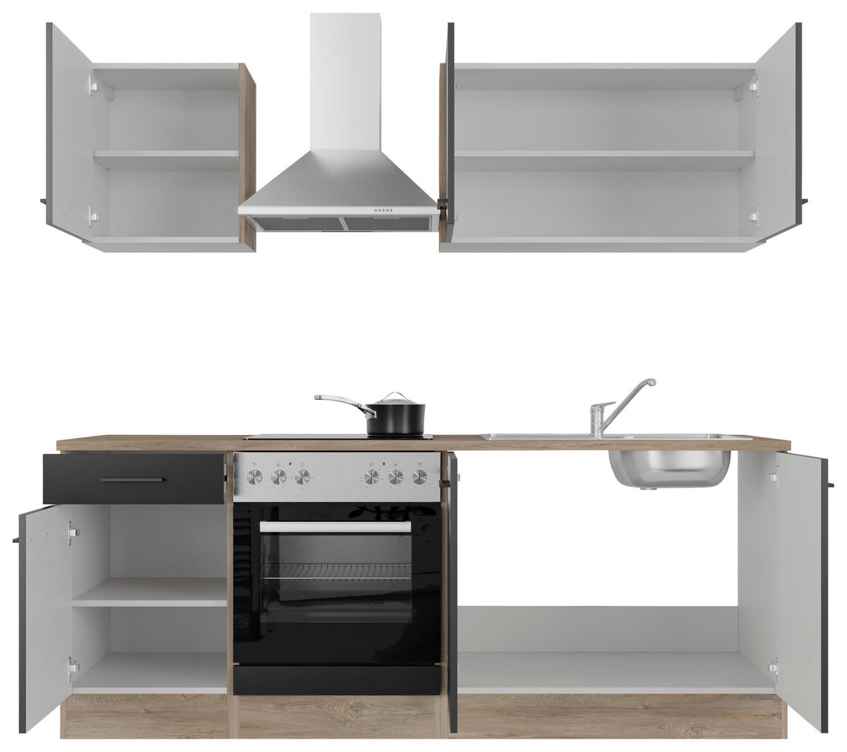 Küchenblock Capri schwarz matt B/H/T: ca. 210x200x60 cm Capri - schwarz/Oak (210,00/200,00/60,00cm) - Flex-Well