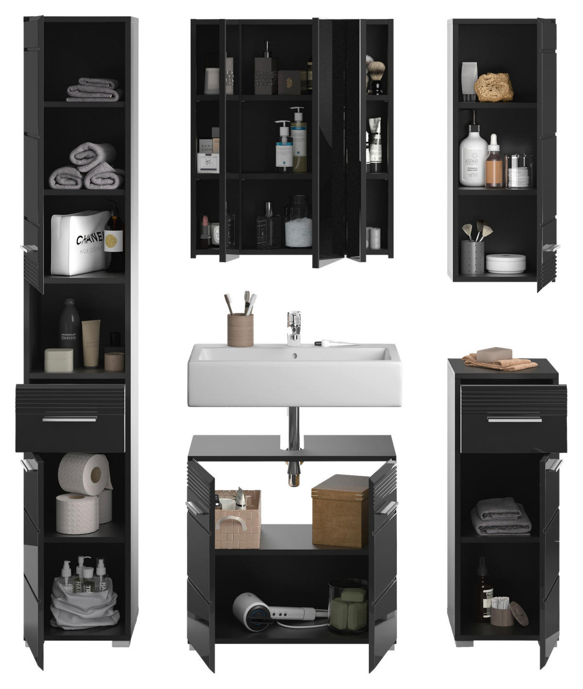 Badezimmer-Set LINUS schwarz schwarz Hochglanz B/H/T: ca. 150x182x34 cm LINUS - schwarz (150,00/182,00/34,00cm) - xonox.home