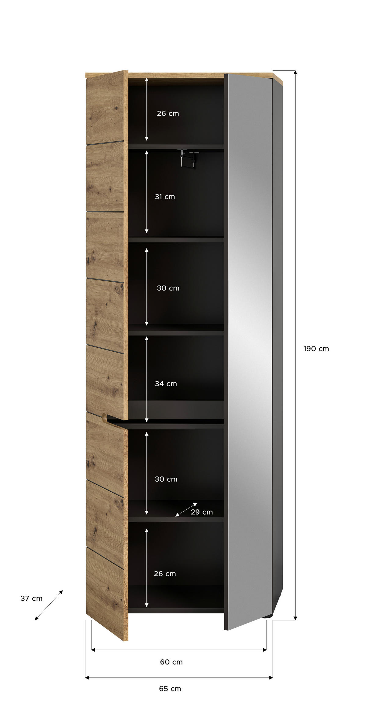 Garderobenschrank CANU edles Basaltgrau Nachbildung Eiche Artisan Nachbildung B/H/T: ca. 65x190x37 cm CANU - Eiche/edles Basaltgrau (65,00/190,00/37,00cm) - xonox.home