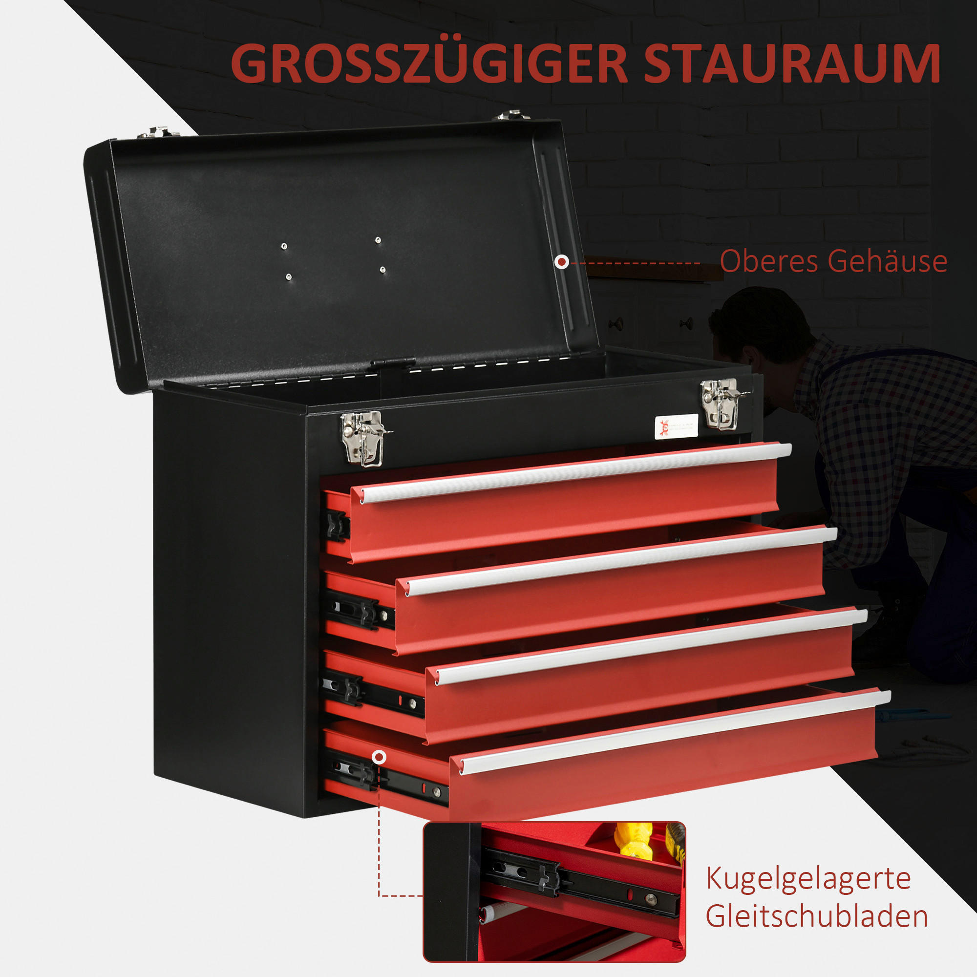 B/H/L: ca. 22x51x39,5 cm Werkzeugkiste - rot/schwarz (39,50/22,00/51,00cm) - DURHAND