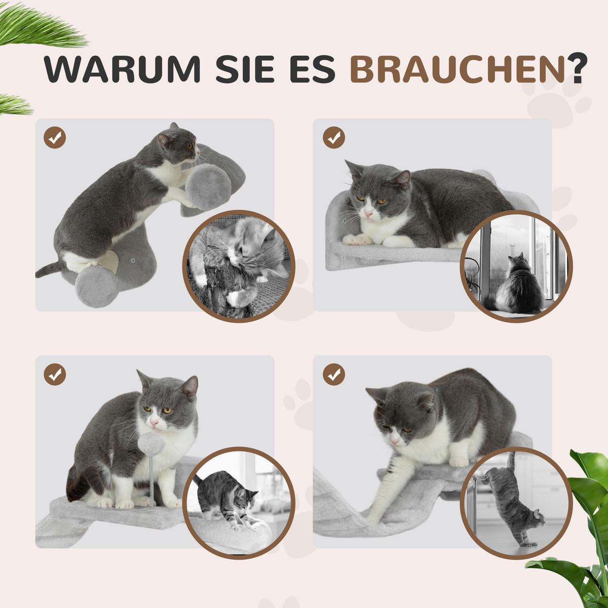 PawHut Katzen Kletterwand Set hellgrau Plüsch B/H/L: ca. 26x12,5x90 cm Katzen Kletterwand Set - hellgrau (90,00/26,00/12,50cm) - PawHut