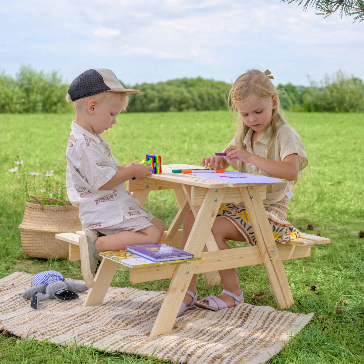 Timbela Kindersitzgarnitur M012 natur Holz B/H/L: ca. 60x50x81 cm M012 - natur (81,00/60,00/50,00cm) - Timbela