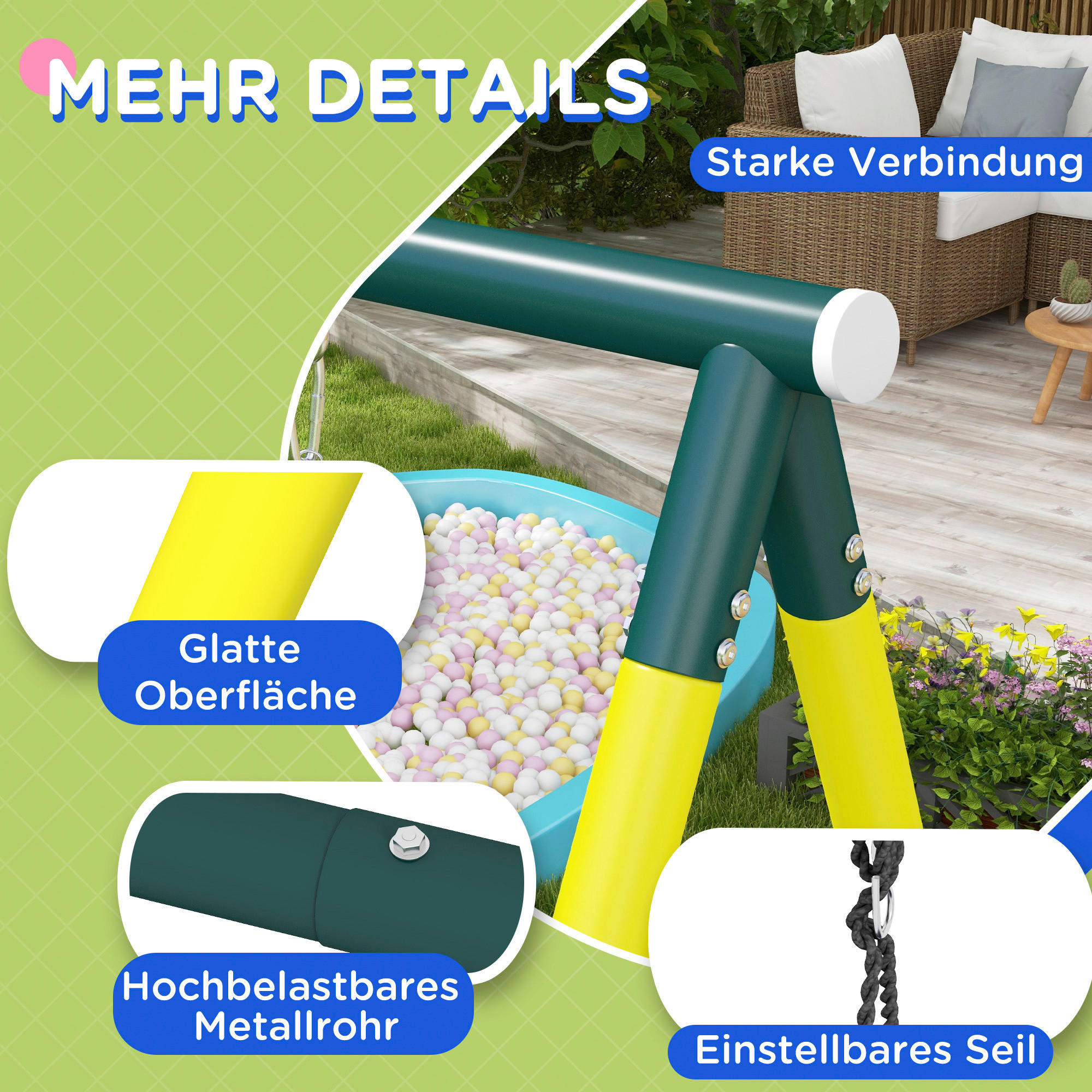 Outsunny Kinderschaukel gelb B/H/L: ca. 180x202x267 cm Kinderschaukel - gelb/grün (267,00/180,00/202,00cm) - Outsunny