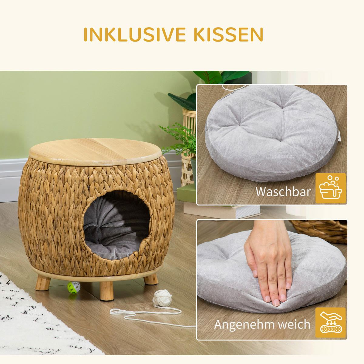 PawHut Katzen-Zubehör natur Edelstahl B/H/L: ca. 43x44x42 cm Rattan_Katzenhaus - natur/hellbraun (42,00/43,00/44,00cm) - PawHut