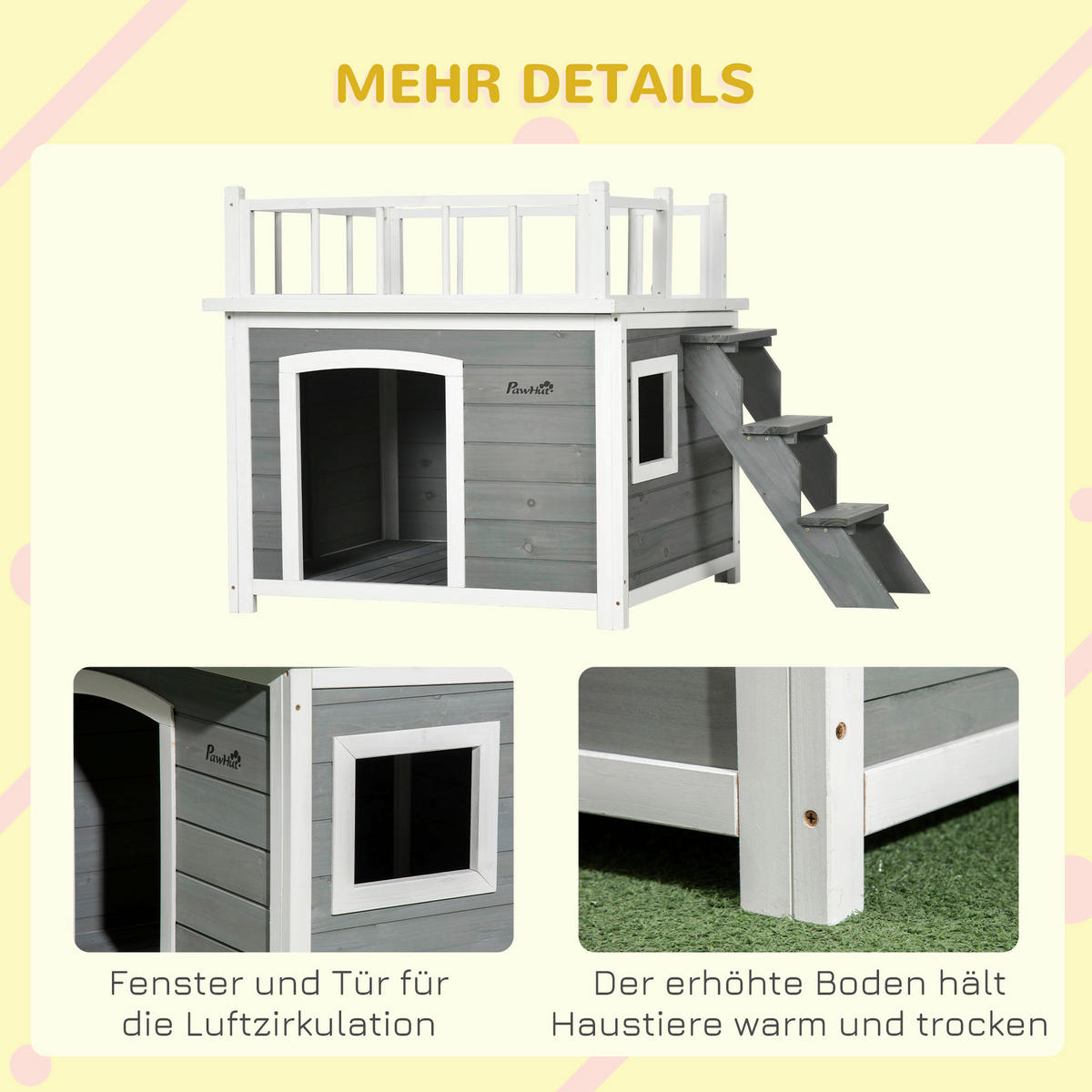 PawHut Hunde-Zubehör hellgrau Holz B/H/L: ca. 77x121x78 cm Hundehütte - hellgrau (78,00/77,00/121,00cm) - PawHut