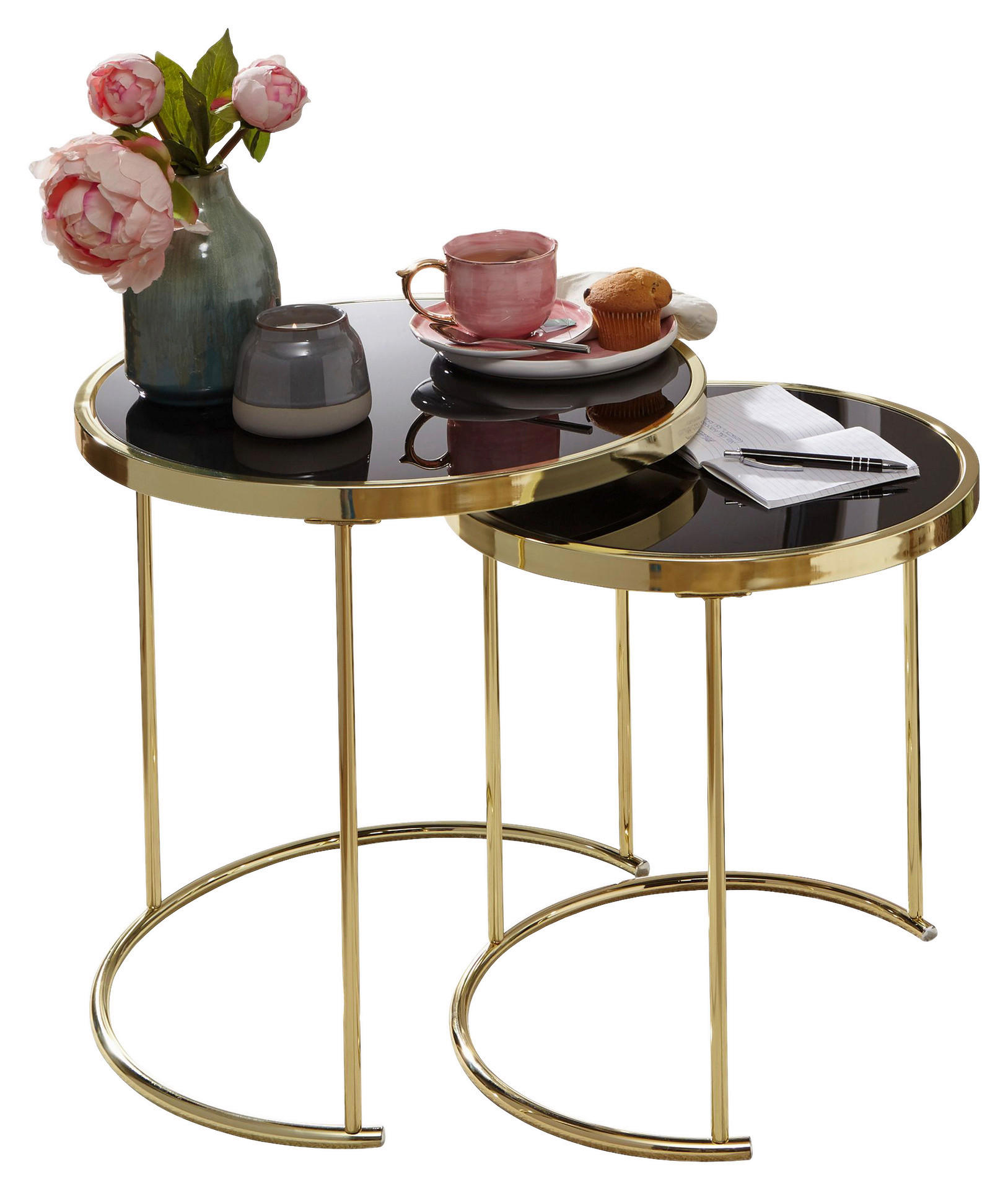 Beistelltisch 2er-Set schwarz gold lackiert Glas Metall 2er-Set - gold/schwarz - Wohnling