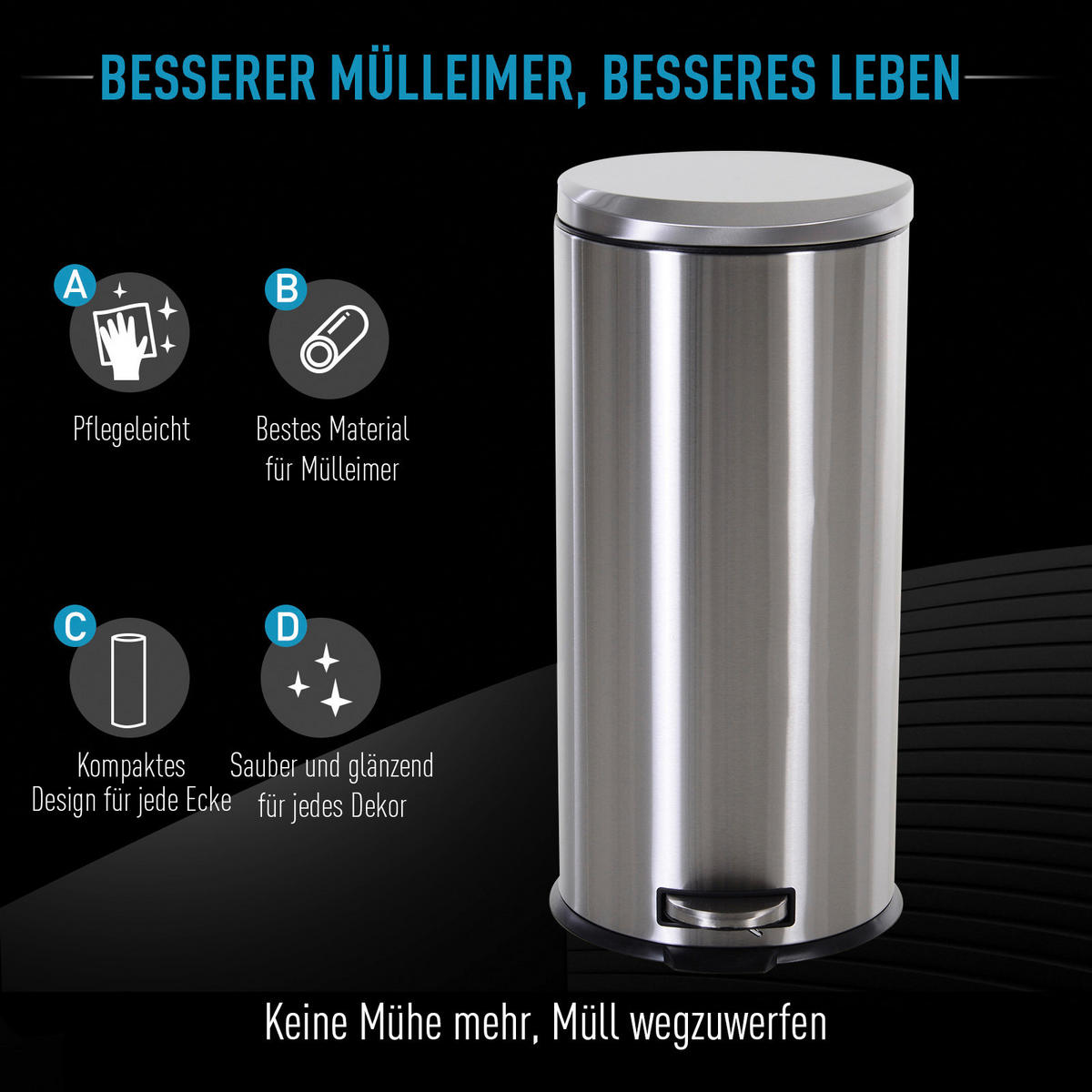 HOMCOM Treteimer silber Treteimer - schwarz/silber - HOMCOM