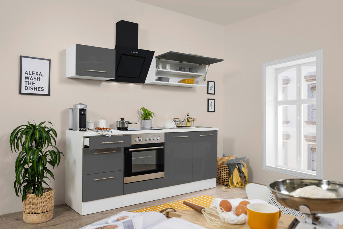 Respekta Küchenblock Amanda grau Hochglanz B/H/T: ca. 210x200x60 cm Amanda - weiß/Edelstahloptik (210,00/200,00/60,00cm) - Respekta