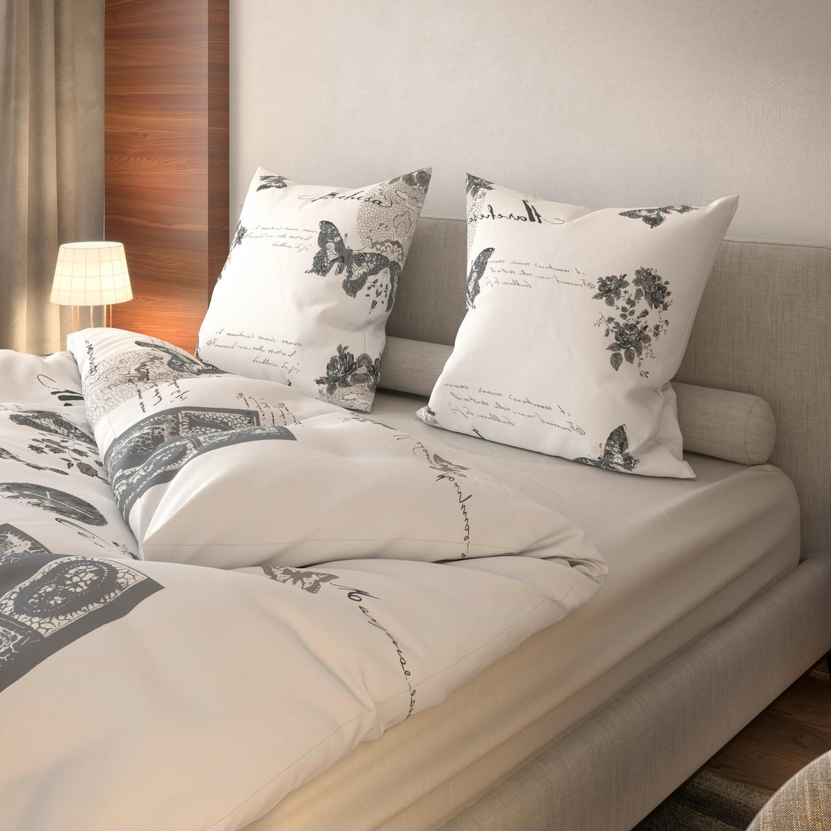 Baumwoll Bettwäsche Fleur Renforce Fleur - weiß/taupe (200,00/200,00cm) - Home Dreams