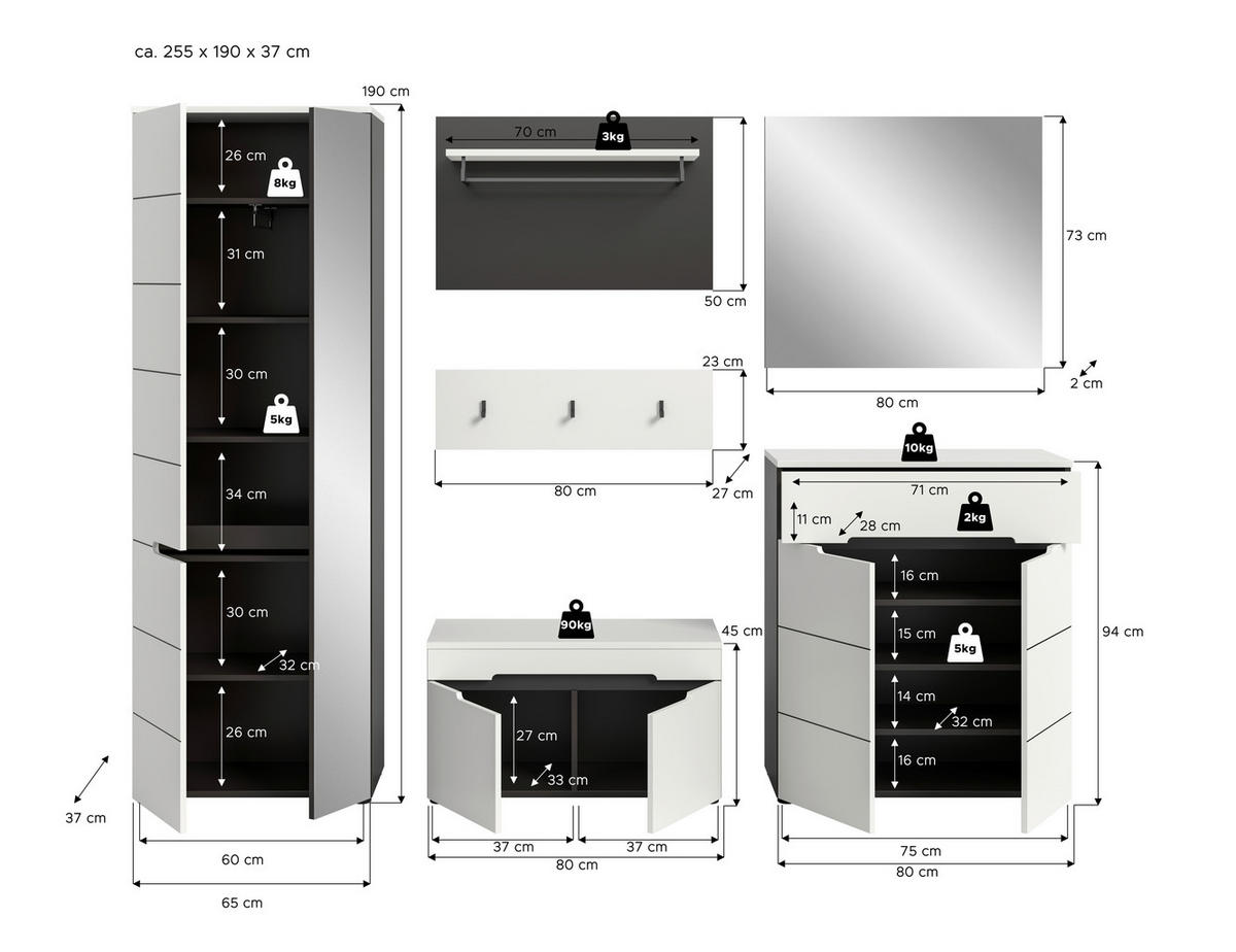 Garderobe Canu basaltgrau Nachbildung weiß B/H/T: ca. 255x190x37 cm Canu - weiß/basaltgrau (255,00/190,00/37,00cm) - xonox.home