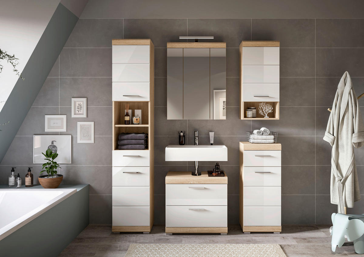 Badezimmer-Set Lambada Eiche Sonoma Nachbildung weiß Hochglanz B/H/T: ca. 164x191x37 cm Lambada - Eiche/weiß (164,00/191,00/37,00cm) - xonox.home