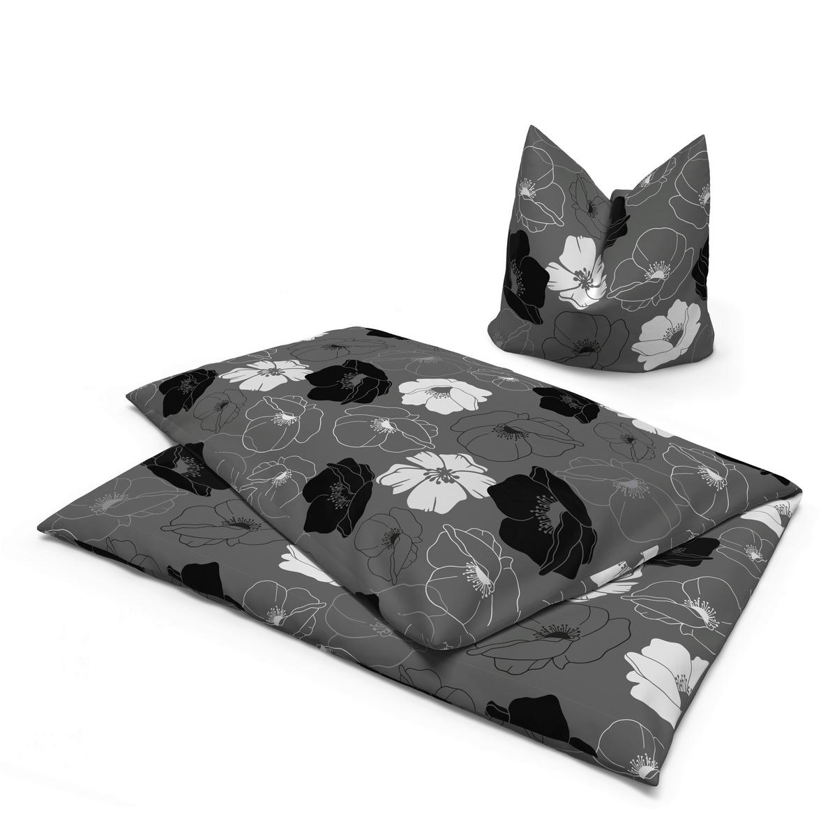 Microfaser Bettwäsche Bettwäsche-Microfaser Blumen grau - weiß/schwarz (135,00/200,00cm) - Sensation